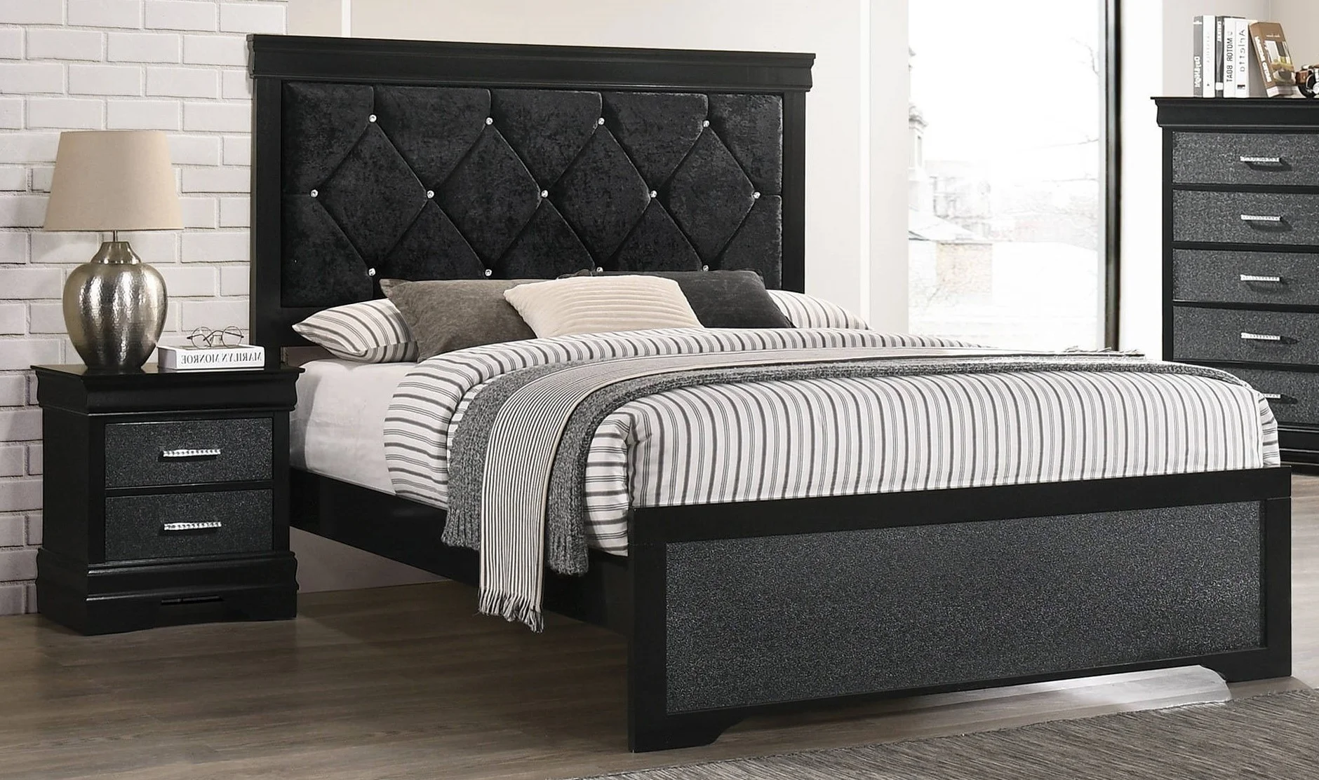 3Pc Black Finish King Size Panel Upholstered Button Tufted Headboard Bed Nightstand Set Wooden Bedroom Furniture