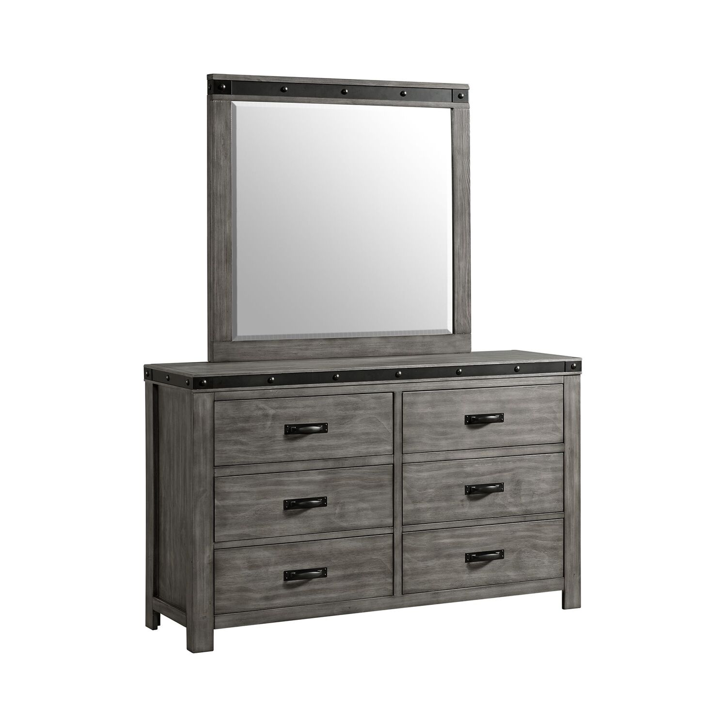 Picket House Furnishings Montauk 6-Drawer Wood Dresser & Mirror Set in Gray