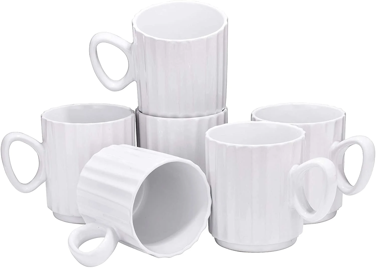 Set of 6 Coffee Mug Sets, 14 Ounce Ceramic Coffee, Ribbed Large-sized Black Coffee Mugs Set Perfect for Coffee, Cappuccino, Tea, Cocoa, Cereal, White