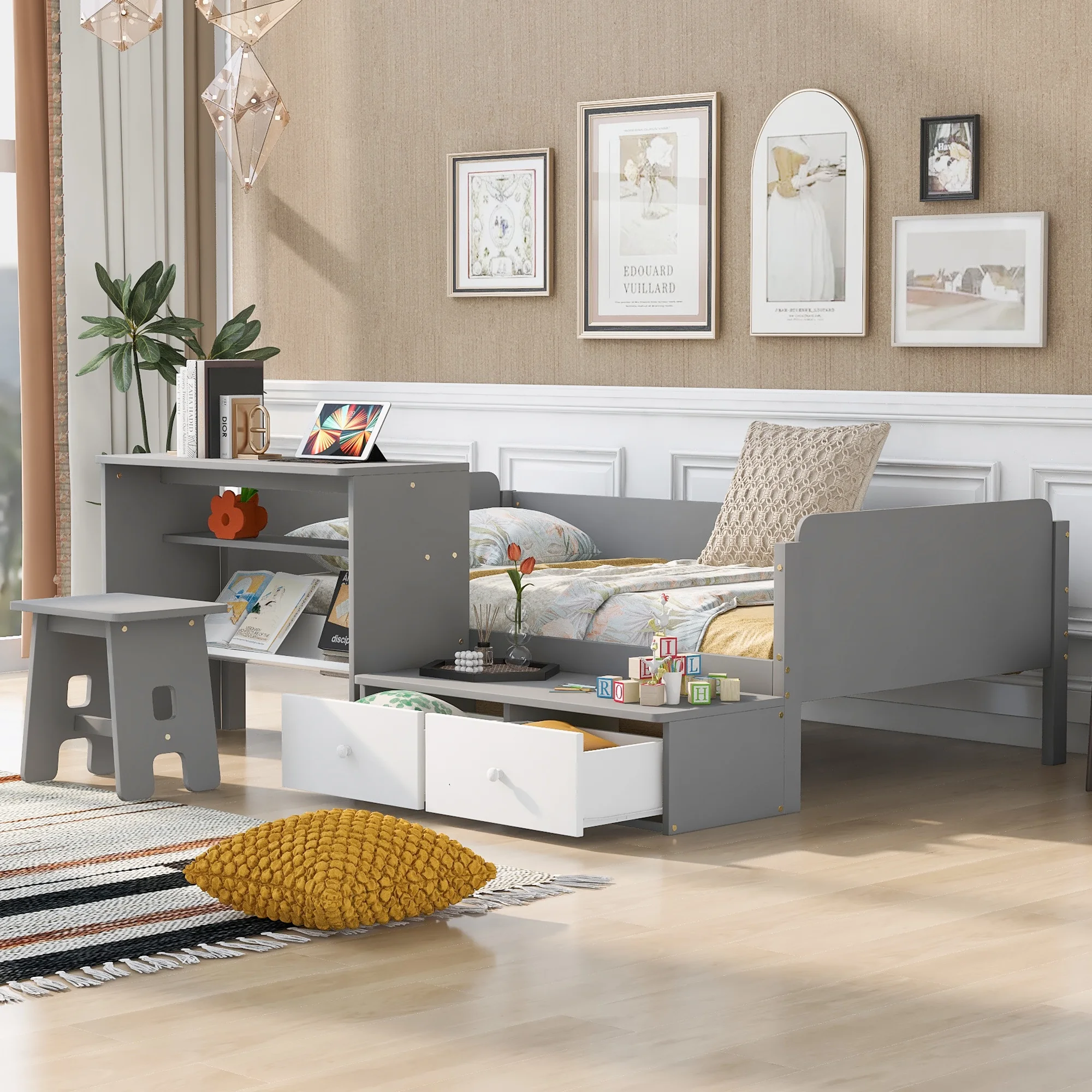 Churanty Twin Size Platform Bed for Kids Boys Girls,Space-Saving Wood Bed Frame with 2 Drawers and 1 Chair & Desk Set,White+gray