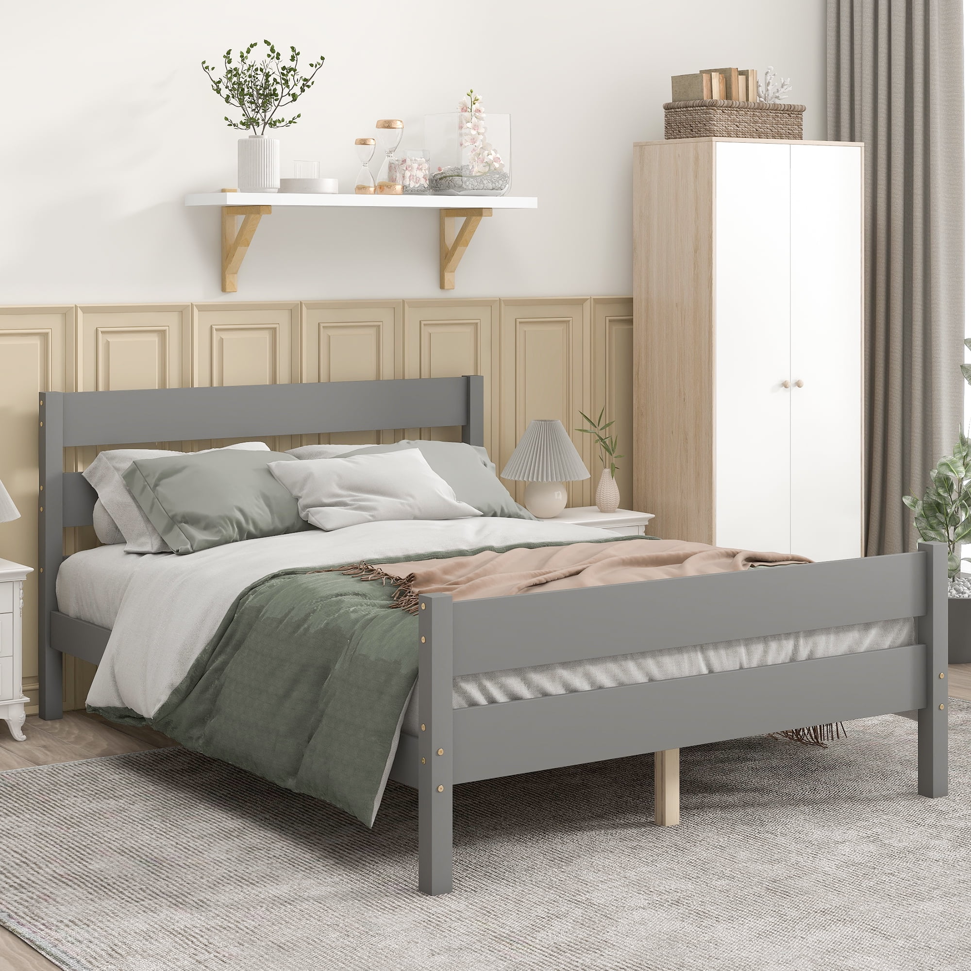 Full Solid Wood Platform Bed with Wooden Slats, Full Size Platform Bed with Headboard and Footboard for Apartments, Studio, No Box Spring Needed, Easy Assembly(Grey)