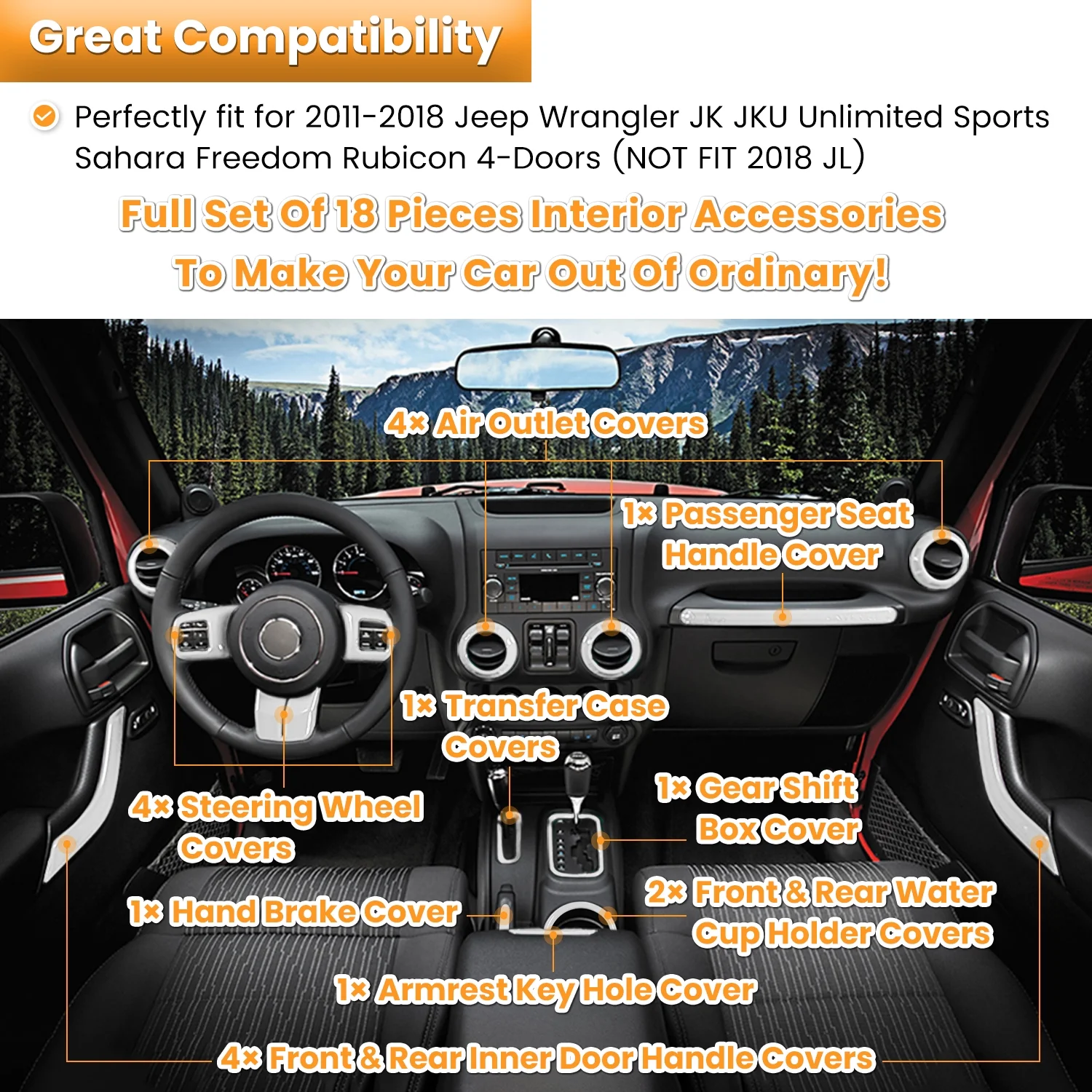 18 PCS Full Set Interior Decoration Trim Kit Steering Wheel Center Console Door Handle Air Conditioning Vent Cup Holder Gear Cover Trim for Jeep Wrangler JK JKU 2011-2018 4-Door (White)