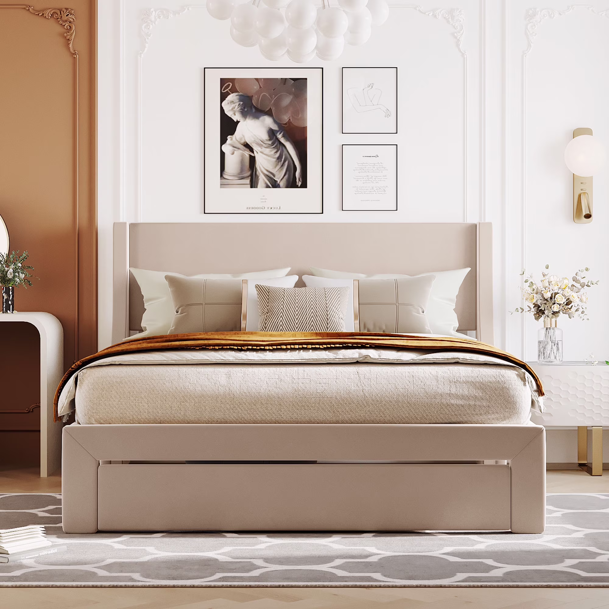 Queen Velvet Upholstered Platform Bed with Storage Drawer, Pine Wood Slat Bed Frame With Headboard Footboard, No Box Spring Needed