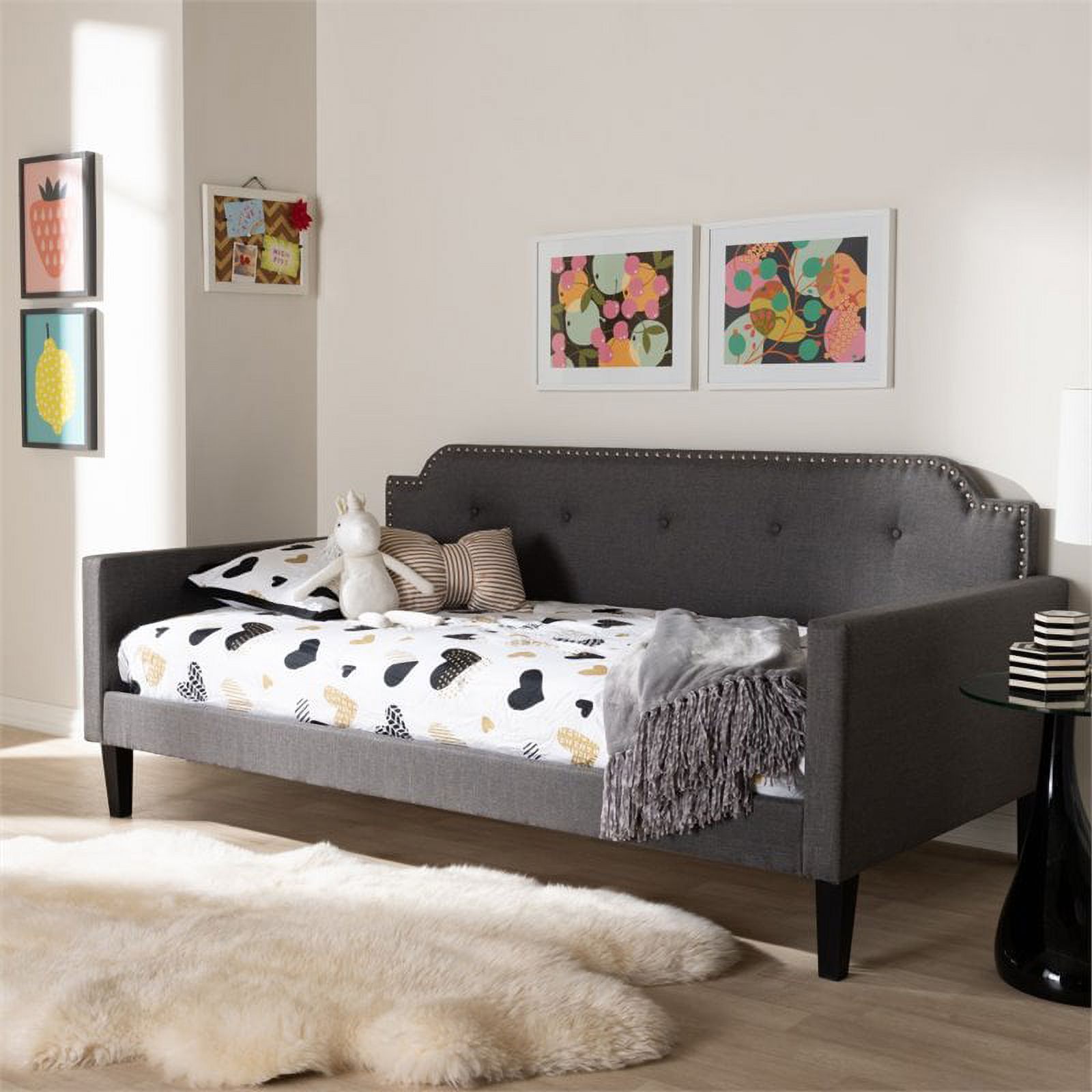 Bowery Hill Contemporary Fabric Tufted Twin Daybed with Wood Frame in Gray