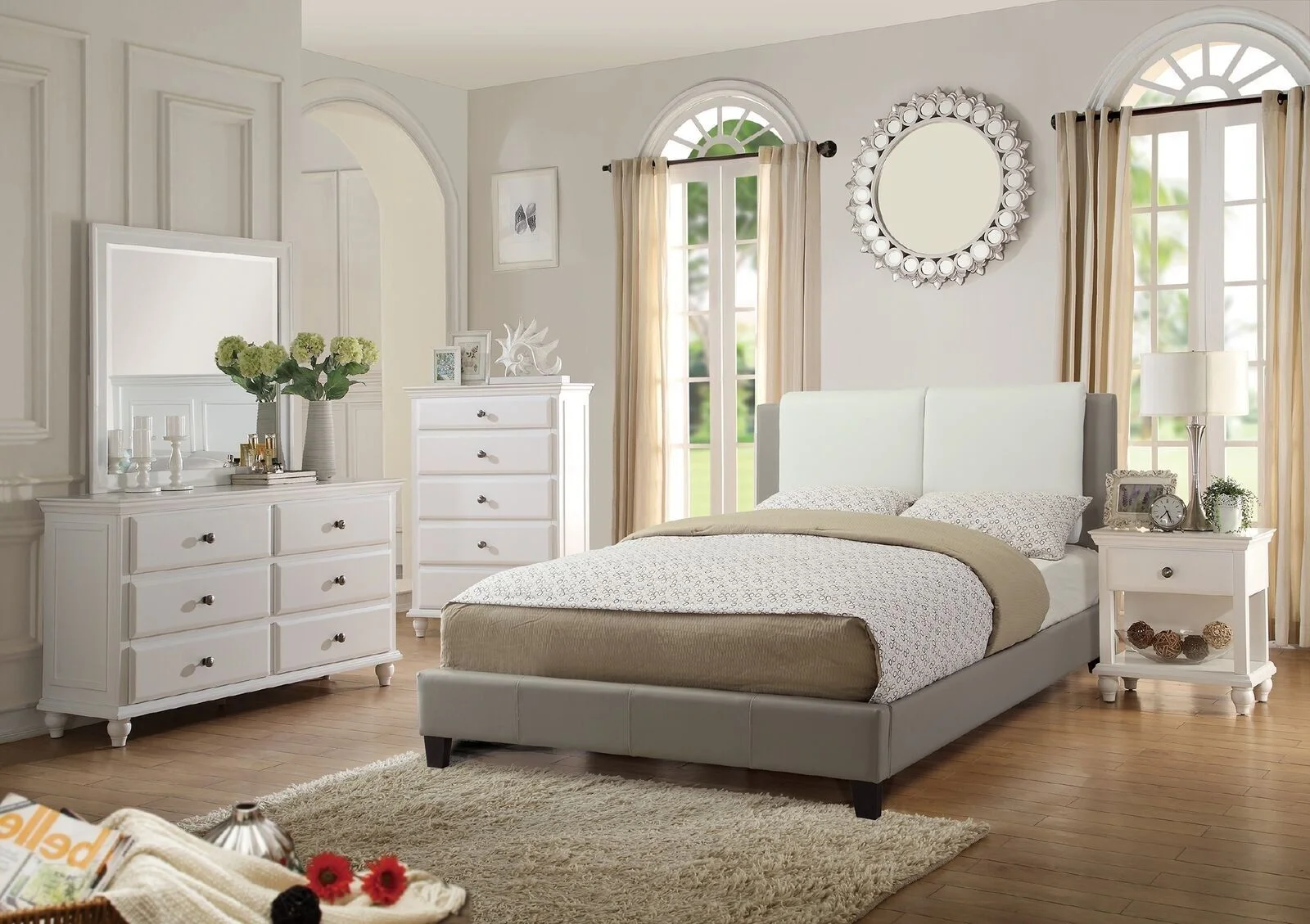 White And Grey Modern Queen Size Bed 4pc Set Dresser Mirror Nightstand Bedroom Furniture