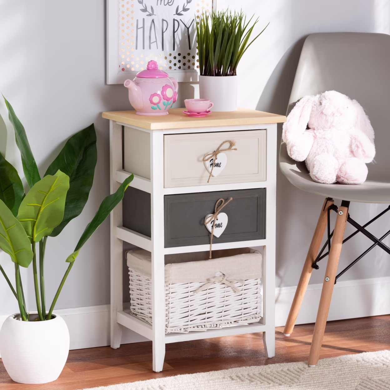 Baxton Studio Diella Modern and Contemporary Multi-Colored Wood 2-Drawer Storage Unit with Basket,Wholesale Interiors