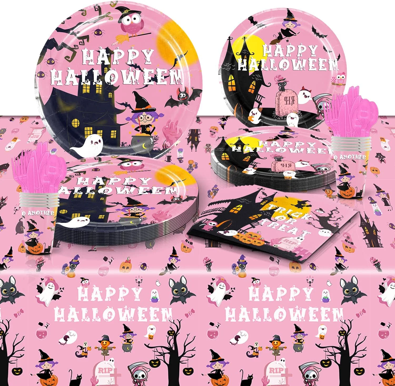 Halloween Party Supplies Serve 24, Pink Print with Haunted House Halloween Party Dinnerware Set Disposable Paper Plates with Napkins Cups Tablecloth for Spooky Halloween Party Decorations