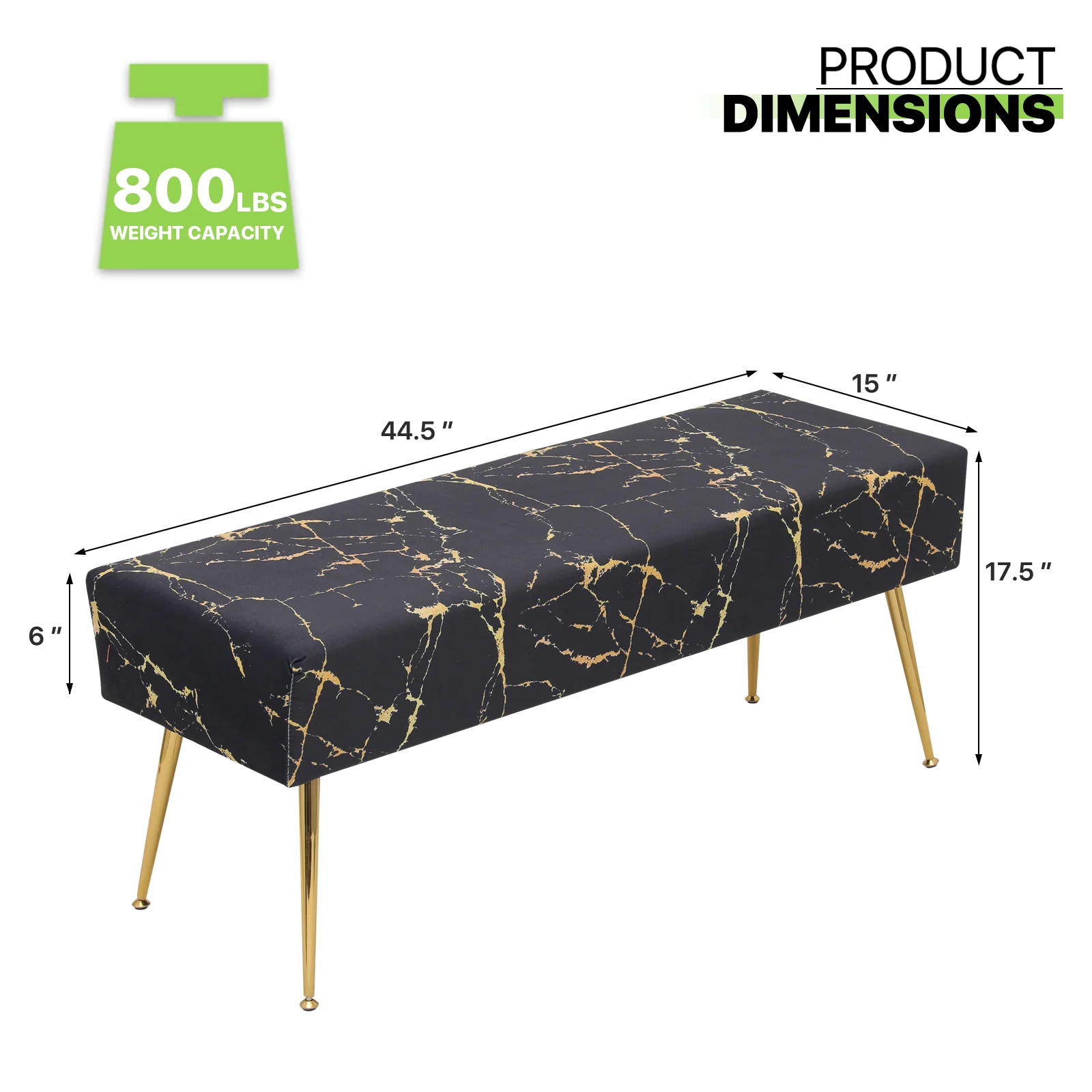 Magshion Rectangular Tufted Velvet Marbling Pattern Ottoman, Entryway Microfiber Shoe Stool, Bedroom End of Bed Bench, Home Footrest Footstool, Black/Gold
