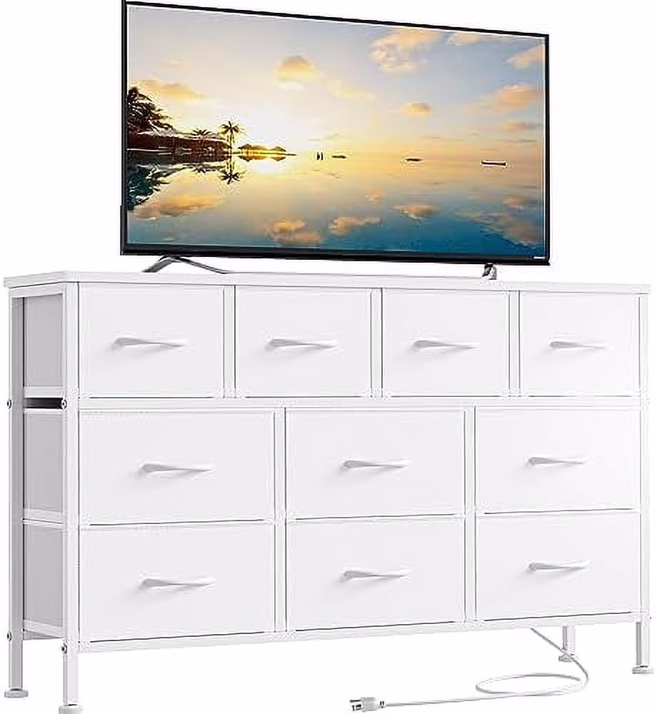 xrboomlife 10 Drawer Dresser  43" Dresser TV Stand with Power Outlet  Bedroom Dresser  Chest of Drawers for 55'' Long TV  Wide Fabric Dresser for  and Organization (Black)