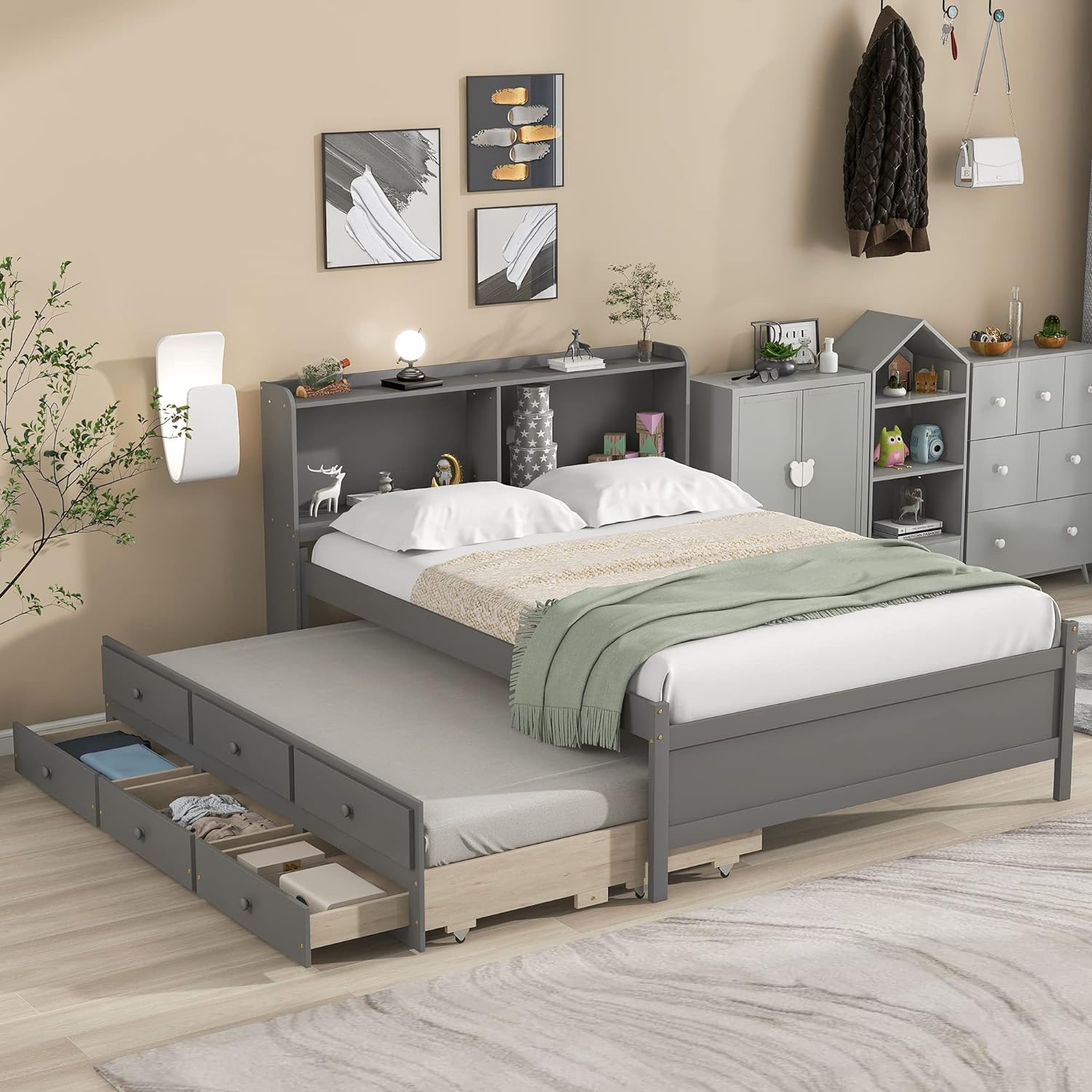Full Bed With Size Trundle And Drawers, Solid Wood Platform Bed Frame With Bookcase Headboard For Kids Teens Adults (Full Size, Gray)