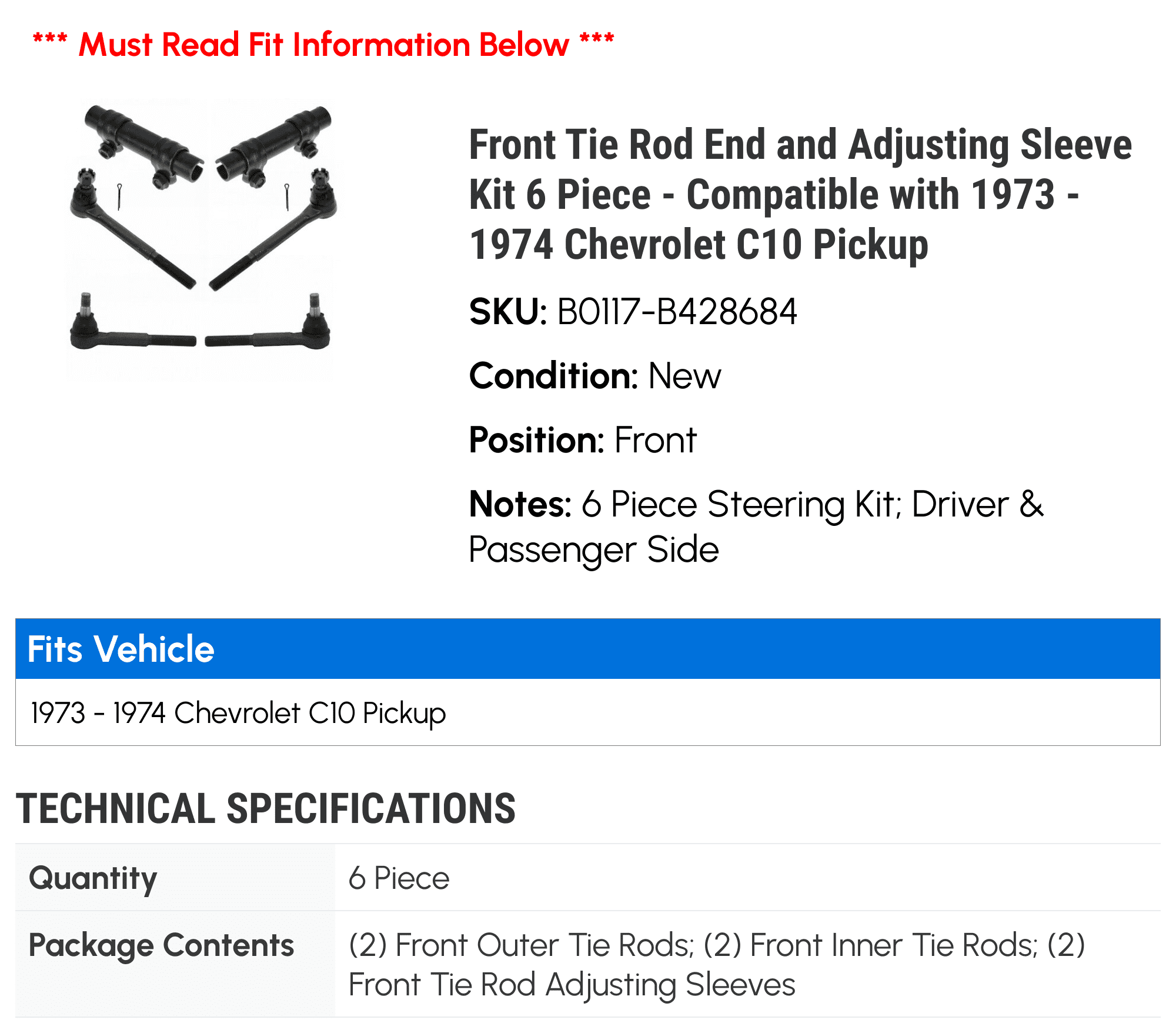 Front Tie Rod End and Adjusting Sleeve Kit 6 Piece - Compatible with 1973 - 1974 Chevy C10 Pickup