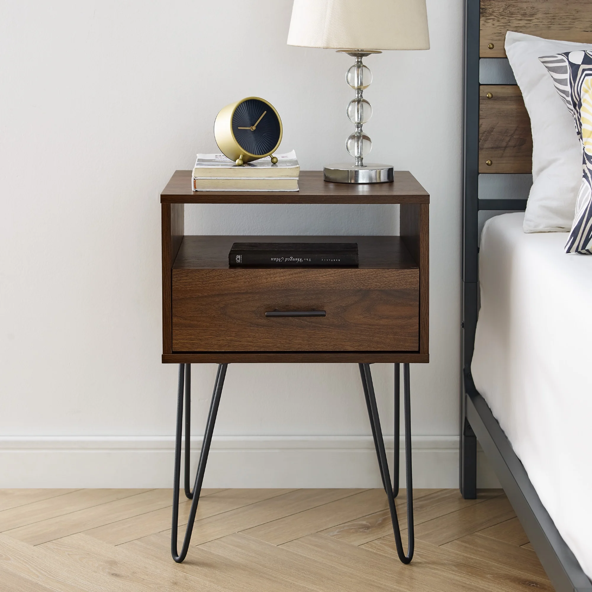 Walker Edison Mid-Century Modern Hairpin Leg Nightstand, Dark Walnut