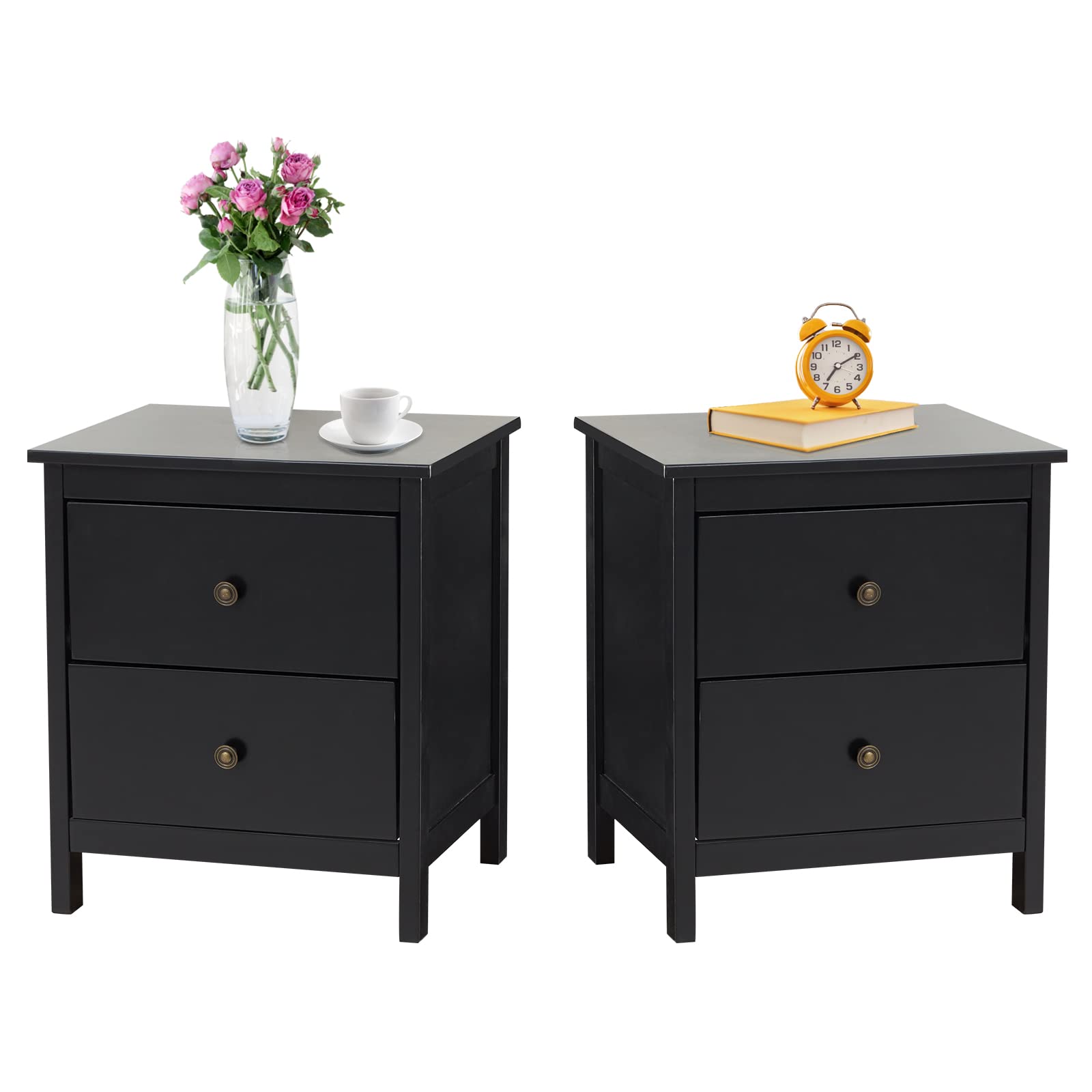 Kinbor Set of 2 Nightstand Bedside Table with 2 Drawers Modern Nightstand Accent Furniture for Bedroom Living Room Office Black