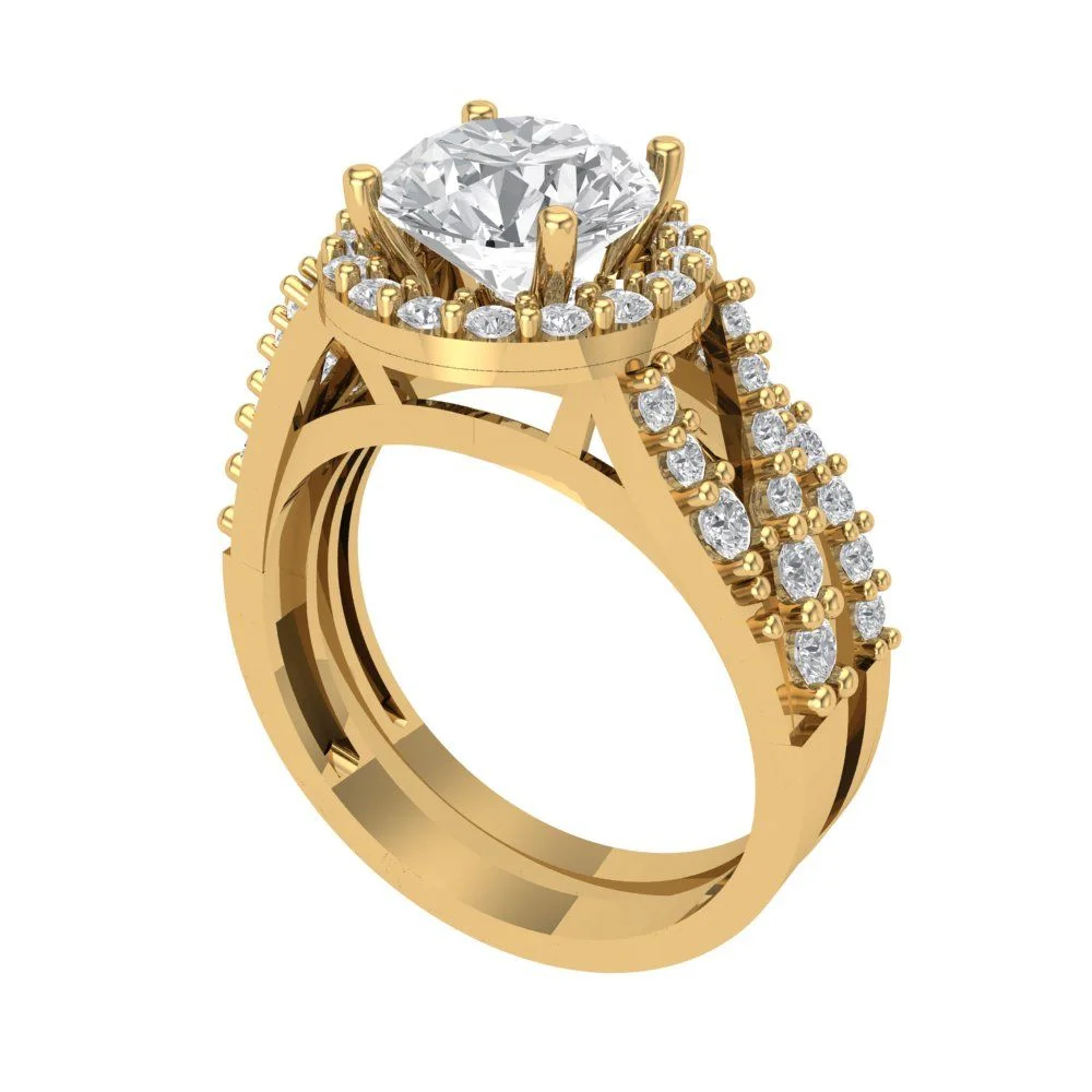 2.32 ct Brilliant Round Cut Synthetic Blue Moissanite 18K Yellow Gold Halo Solitaire with Accents Bridal Set size 4.5