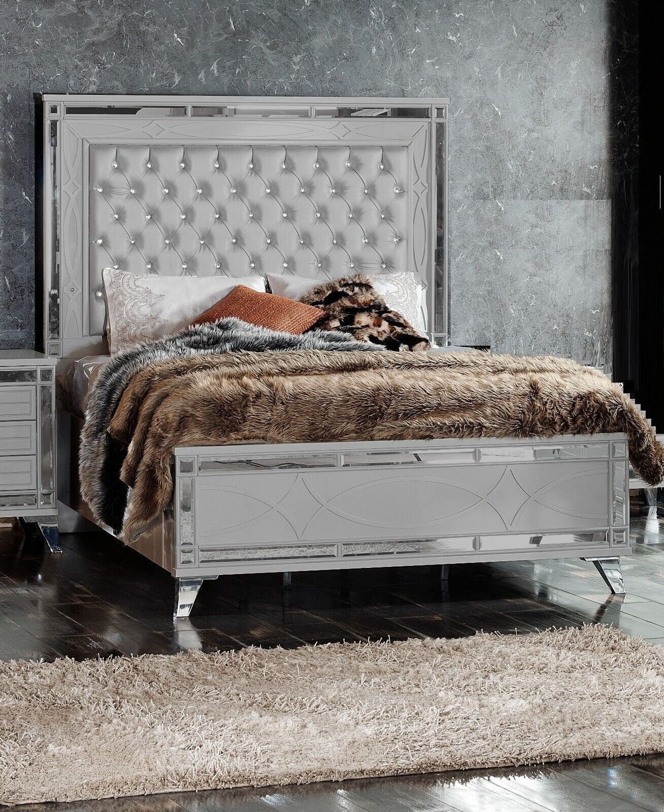 1pc Modern Luxury Queen Light Gray Tall Queen Upholstered Bed w/LED Bedroom Furniture