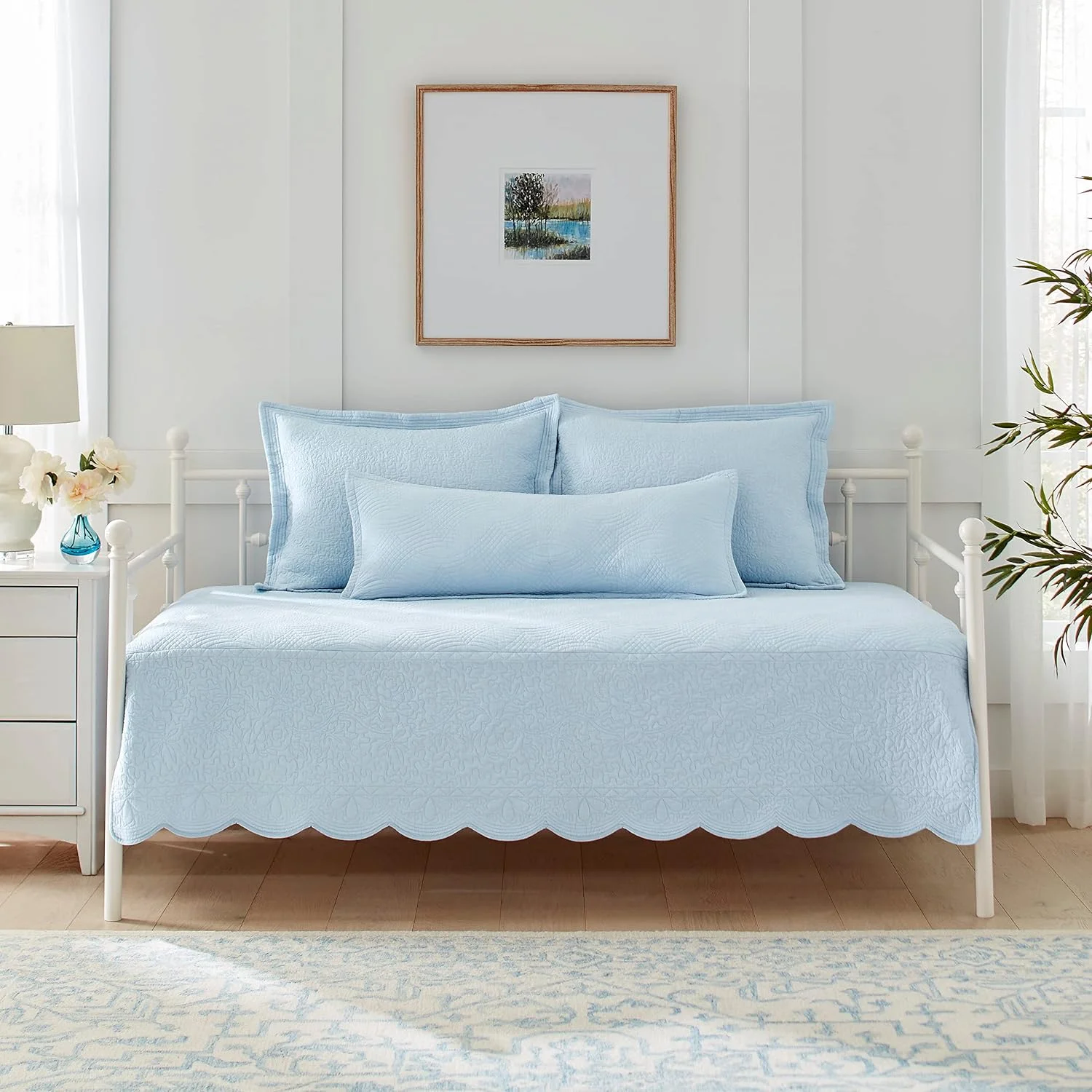 Daybed Set, 4 Piece Cotton Bedding Set, All Season Farmhouse Home Décor (Solid Trellis Blue, Daybed)