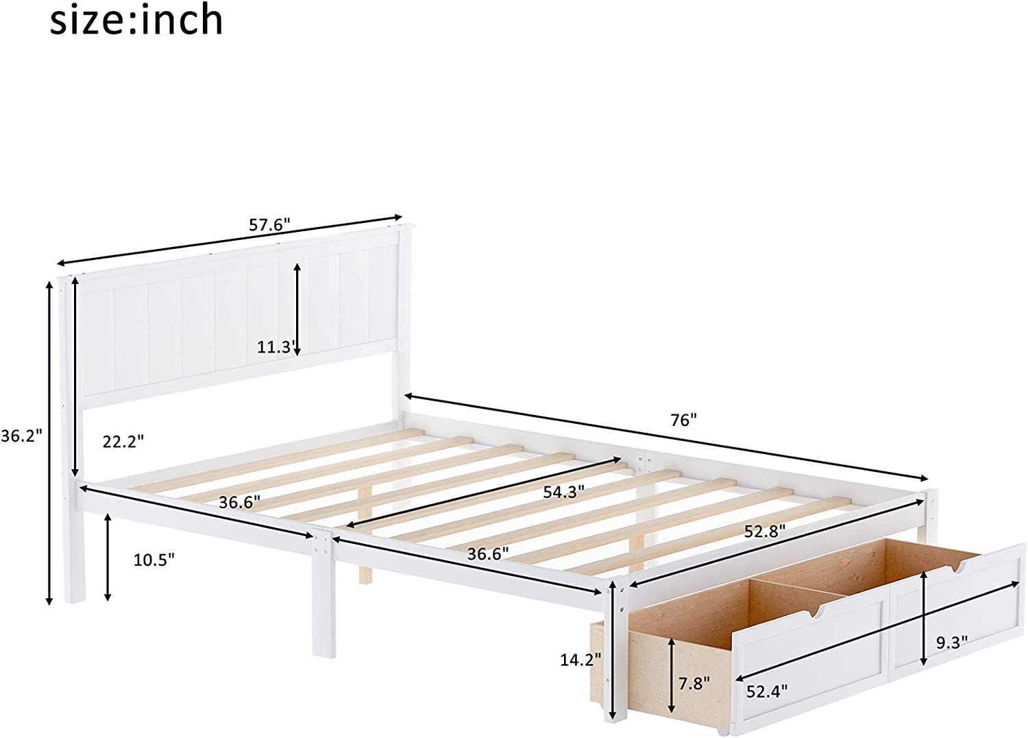Full Bed With Drawers,Wood Bed Frame With Storage, Wooden Platform Bed With Headboard For Kids Boys, Girls, Kids, Young Teens And Adults, White