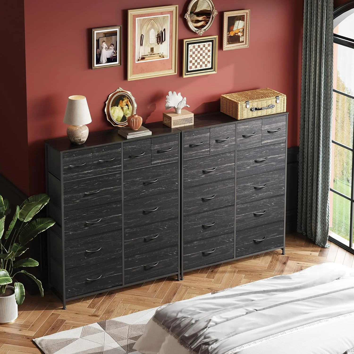 FJU Tall Dresser for Bedroom with 12 Drawers, Dressers & Chests of Drawers, Fabric Dresser for Bedroom, Closet, Fabric Storage Dresser with Storage Drawers, Wood Top, Charcoal Black Wood Grain Print