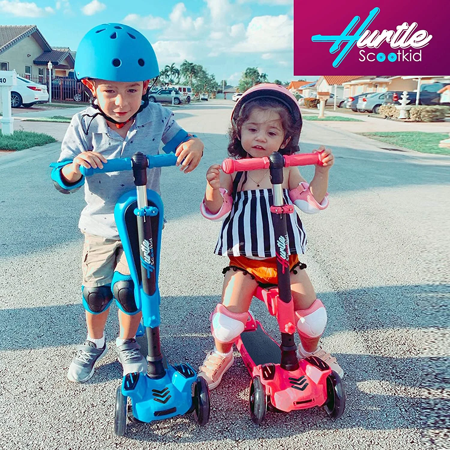Hurtle ScootKid 3 Wheel Toddler Ride On Toy Scooter with LED Wheels, Blue