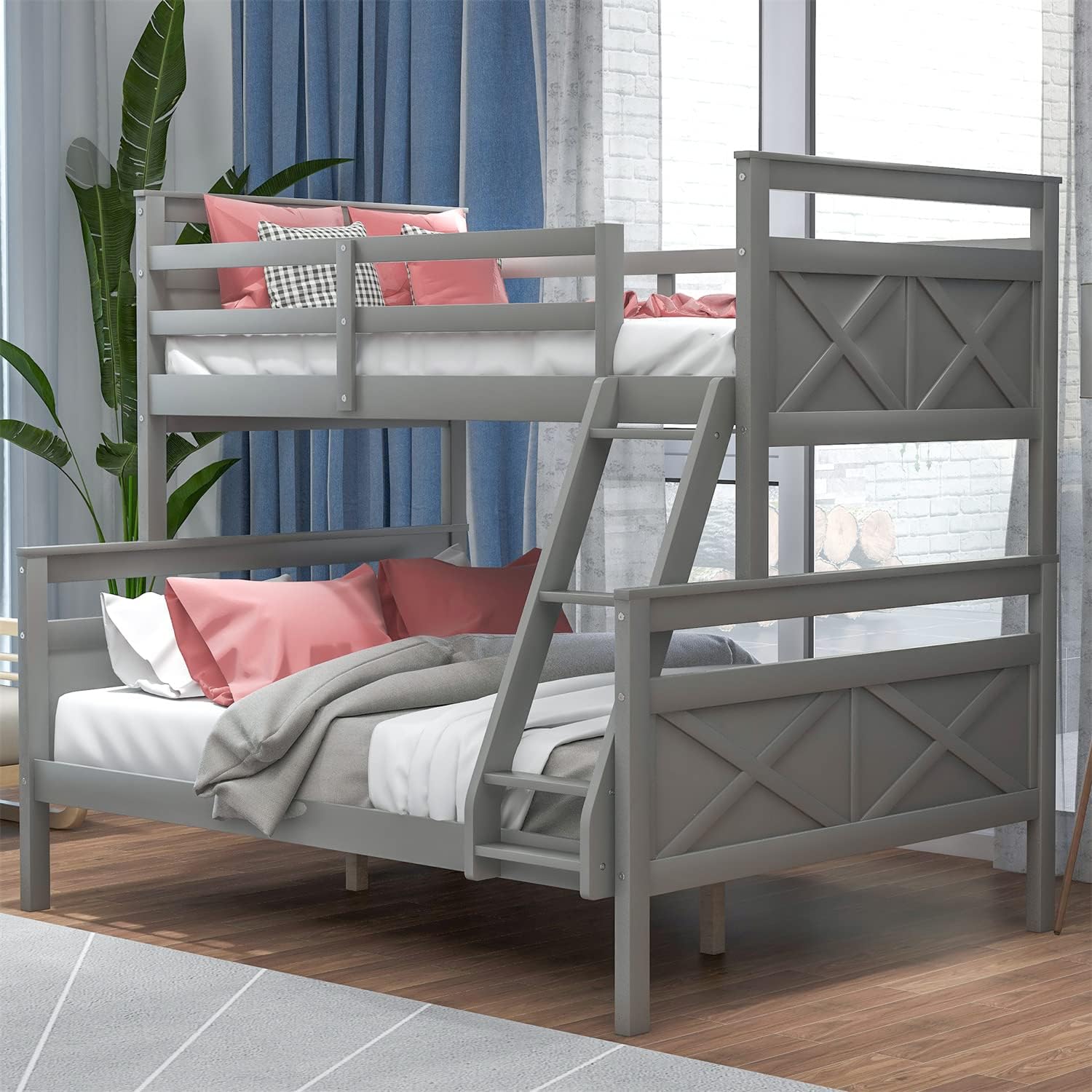 Wooden Bunk Bed With Ladder And Safety Guardrail, Convertible Into 2 Separated Beds, Grey