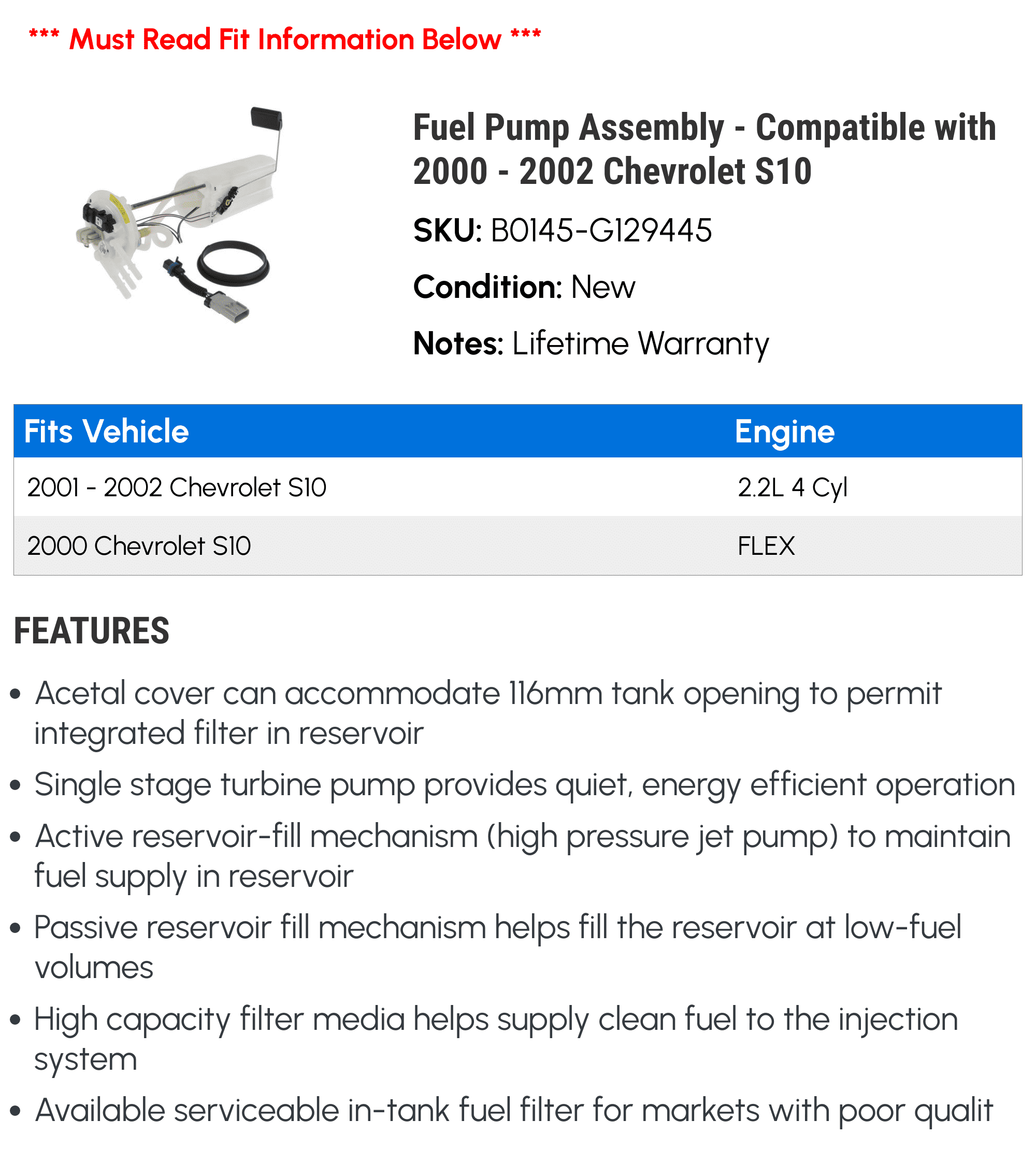 Fuel Pump Assembly - Compatible with 2000 - 2002 Chevy S10 2001