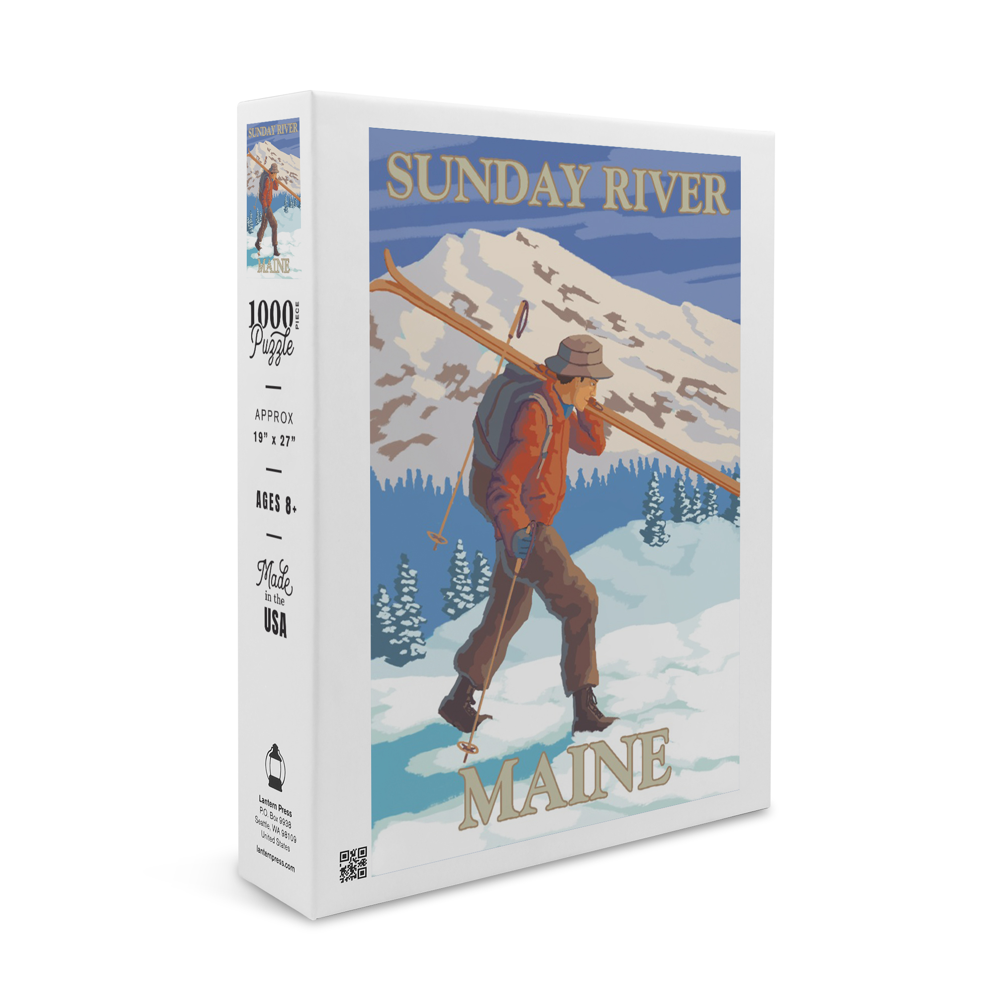Sunday River, Maine, Skier Carrying Skis (1000 Piece Puzzle, Size 19x27, Challenging Jigsaw Puzzle for Adults and Family, Made in USA)