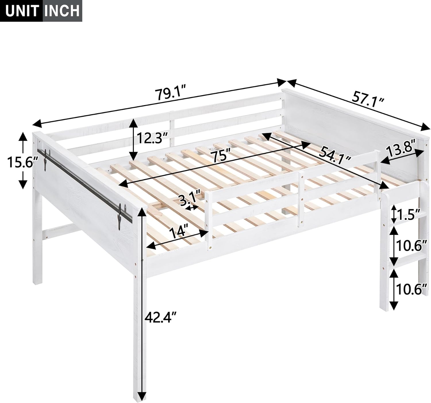Wood Full Size Loft Bed With Hagig Clothes Racks,Full Low Loft Bed Frame For Boys Girls,White