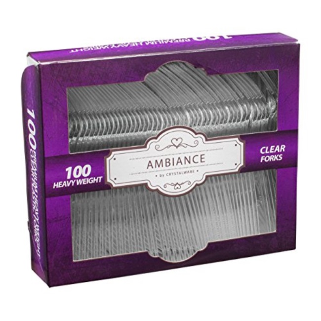 crystalware, heavy-weight clear plastic forks, durable, disposable, box of 100