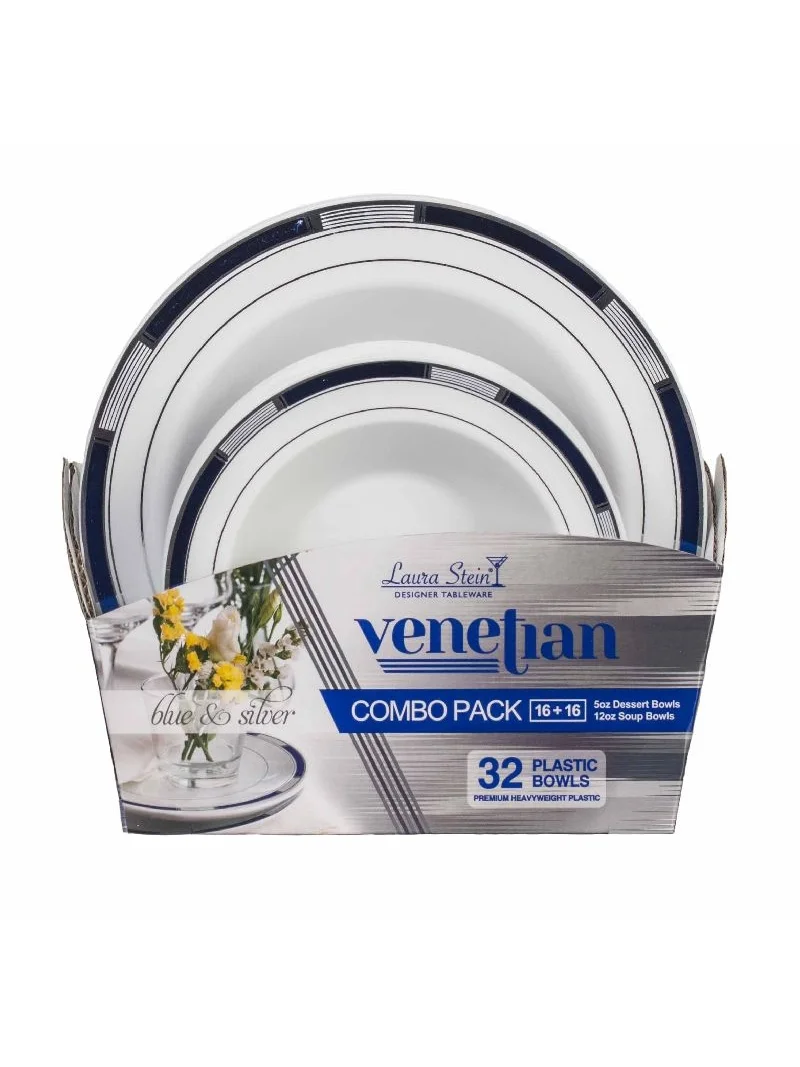 Venetian Collection Combo Pack - White w/Blue & Silver Border Plastic Dinner and Salad Plates, 32 count