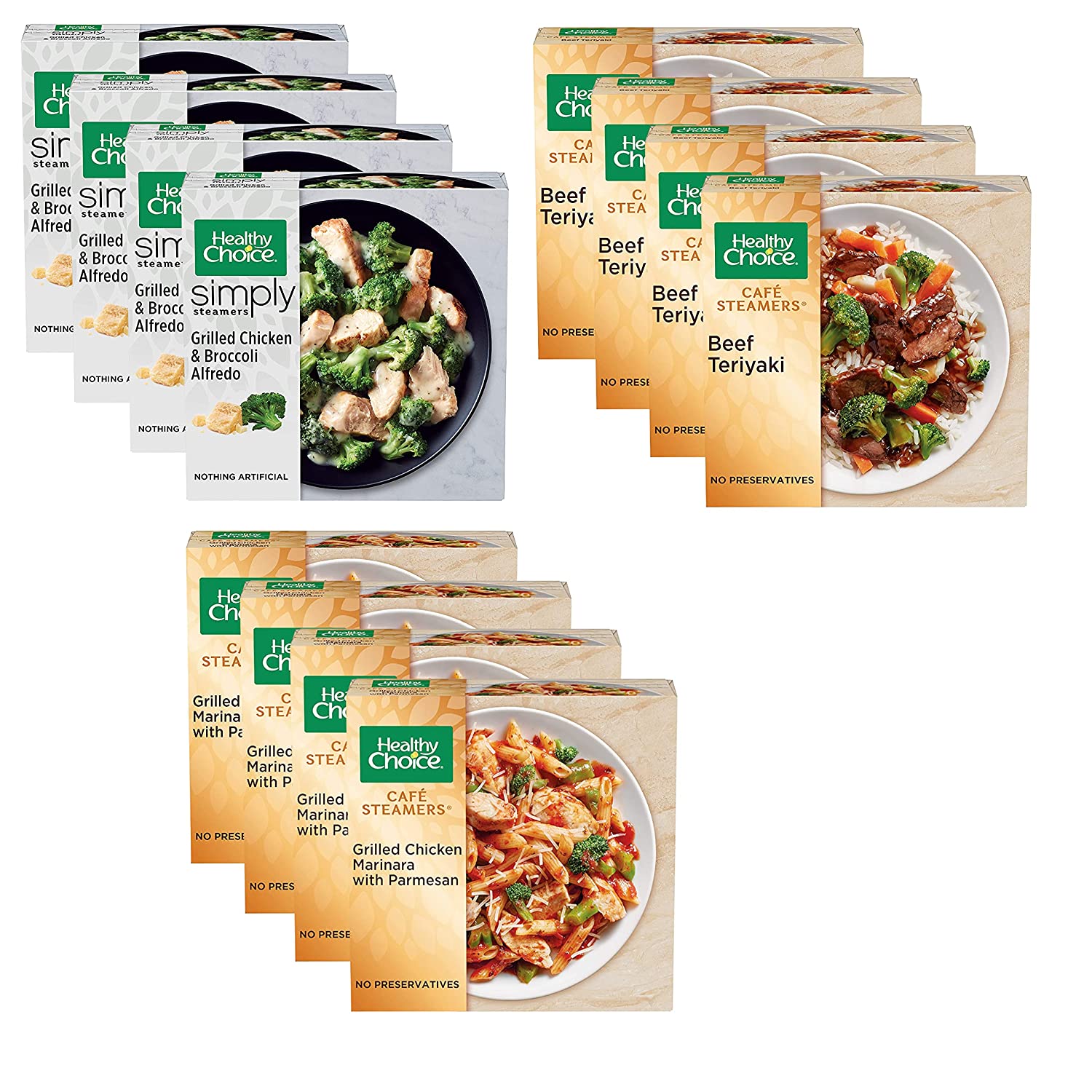 Gourmet Kitchn Healthy Choice Café Steamers Variety Pack- 4 Grilled Chicken Marinara with Parmesan- Asian Inspired Beef Teriyaki - & Broccoli Alfredo Frozen Meal- of Each (Total 12 Boxes)