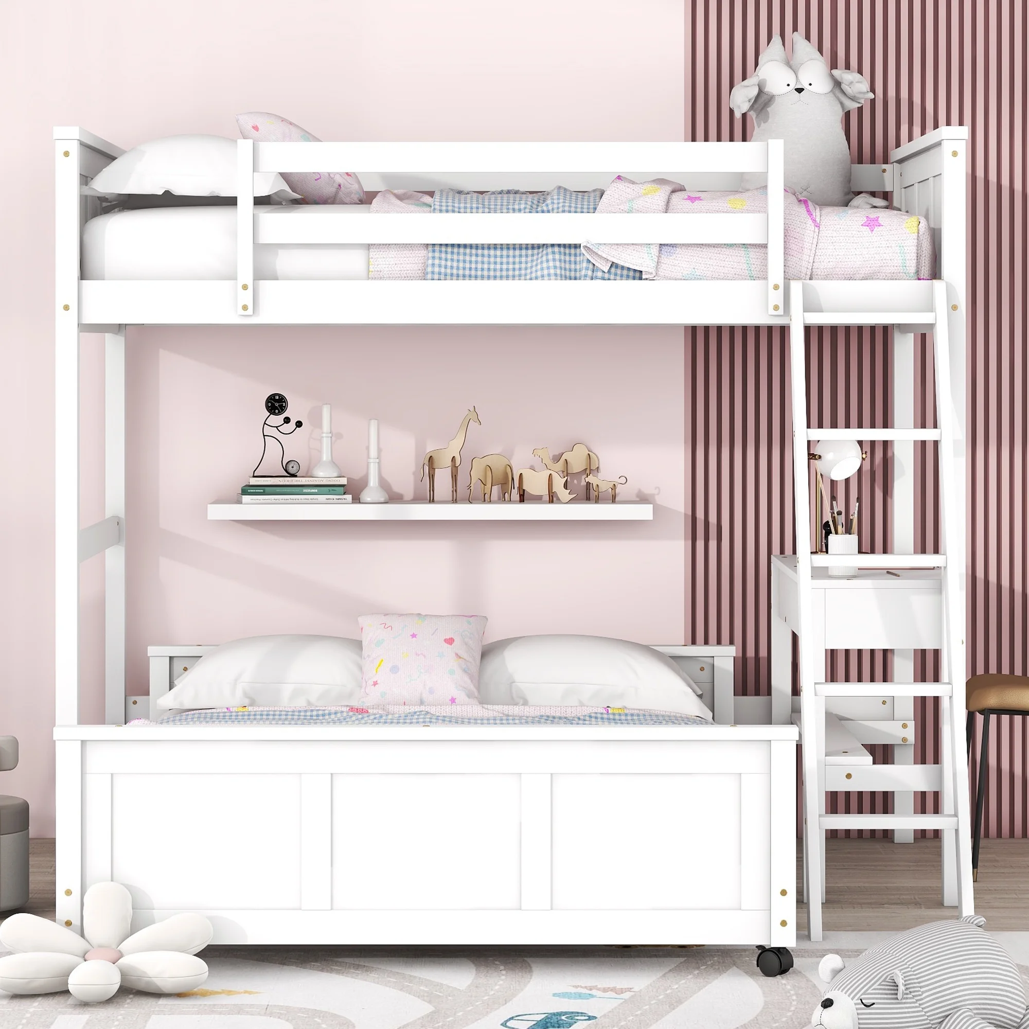 Nestfair White Twin Over Full Wood Bunk Bed with Desk and Drawers