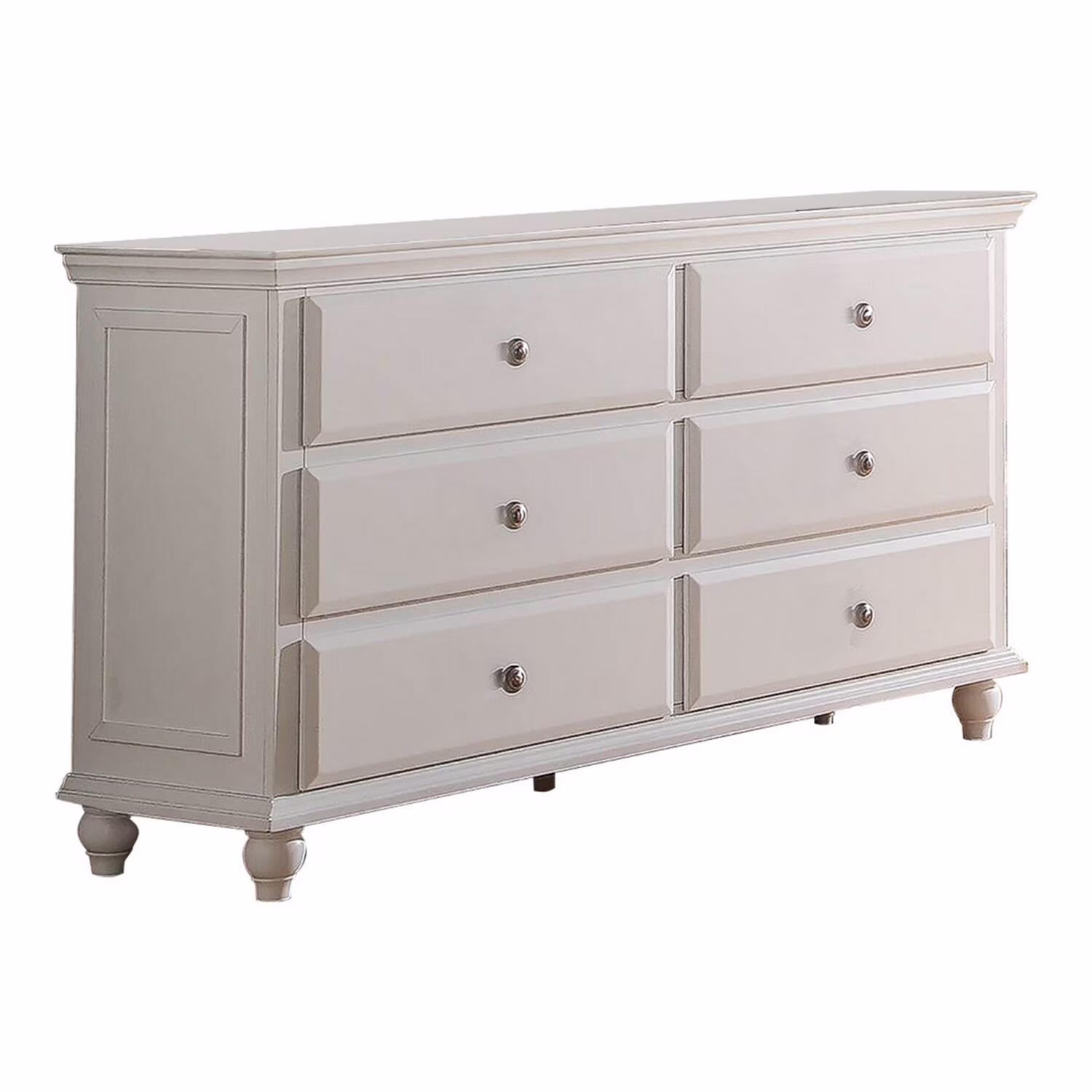 Umi 58 Inch Wide 6 Drawer Dresser, Molded Details, Bun Legs, Classic White