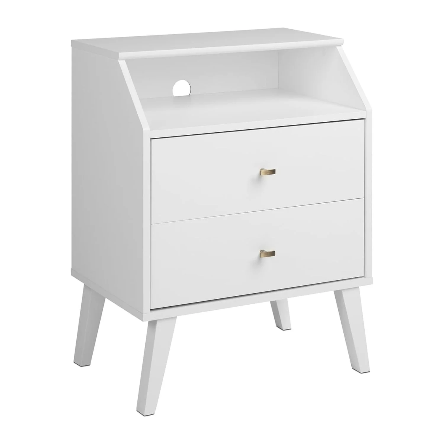Prepac Milo Mid Century Modern 2-Drawer Nightstand with Angled Top, White