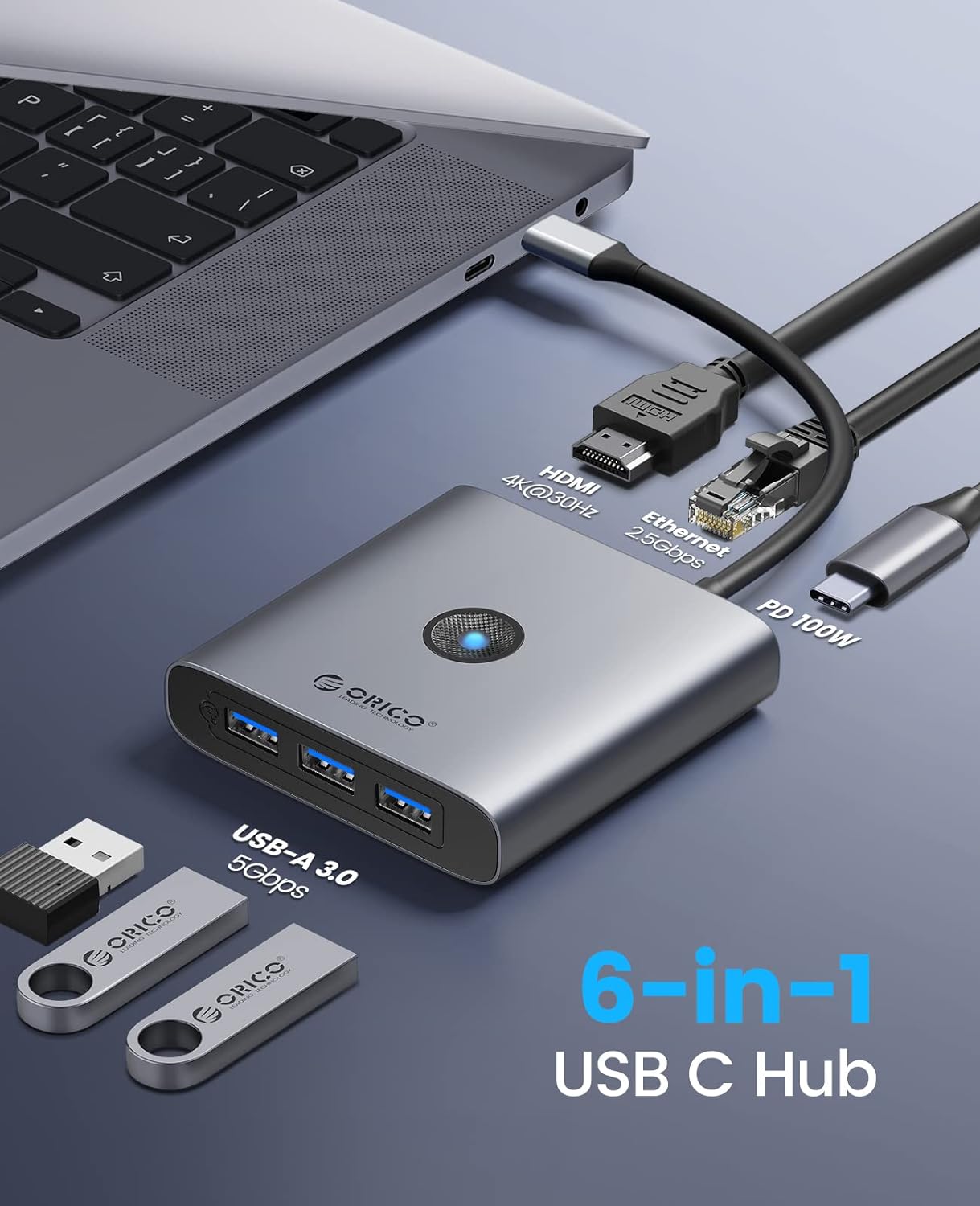 ORICO 6-in-1 USB C Hub with 2.5G Ethernet, 3 USB-A (5Gbps), 4K HDMI, 100W PD Charging - High-Speed Docking Station