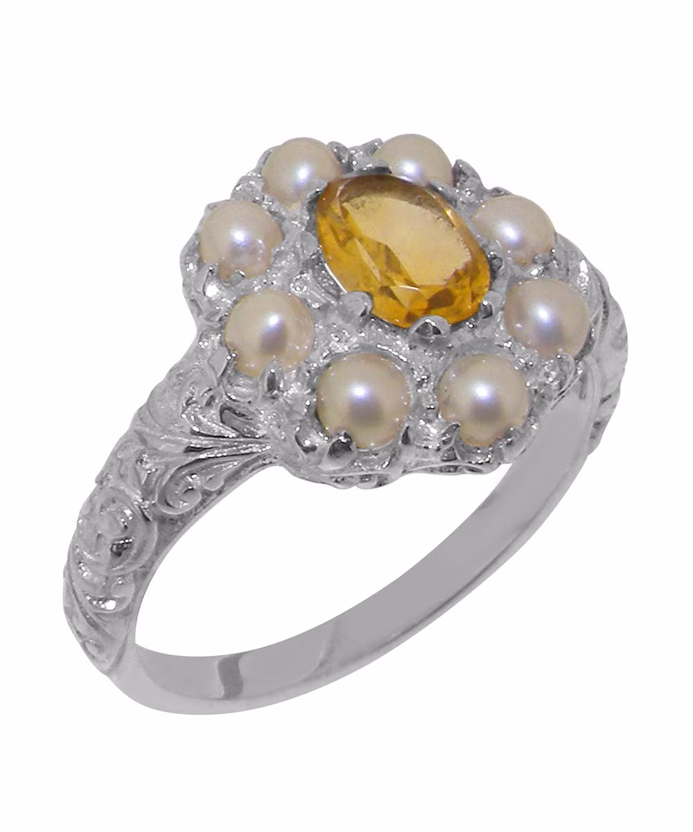 LBG British Made Solid 18k White Gold ring with Natural Citrine & Cultured Pearl Womens Engagement Ring - 33 size options - Size 9.75