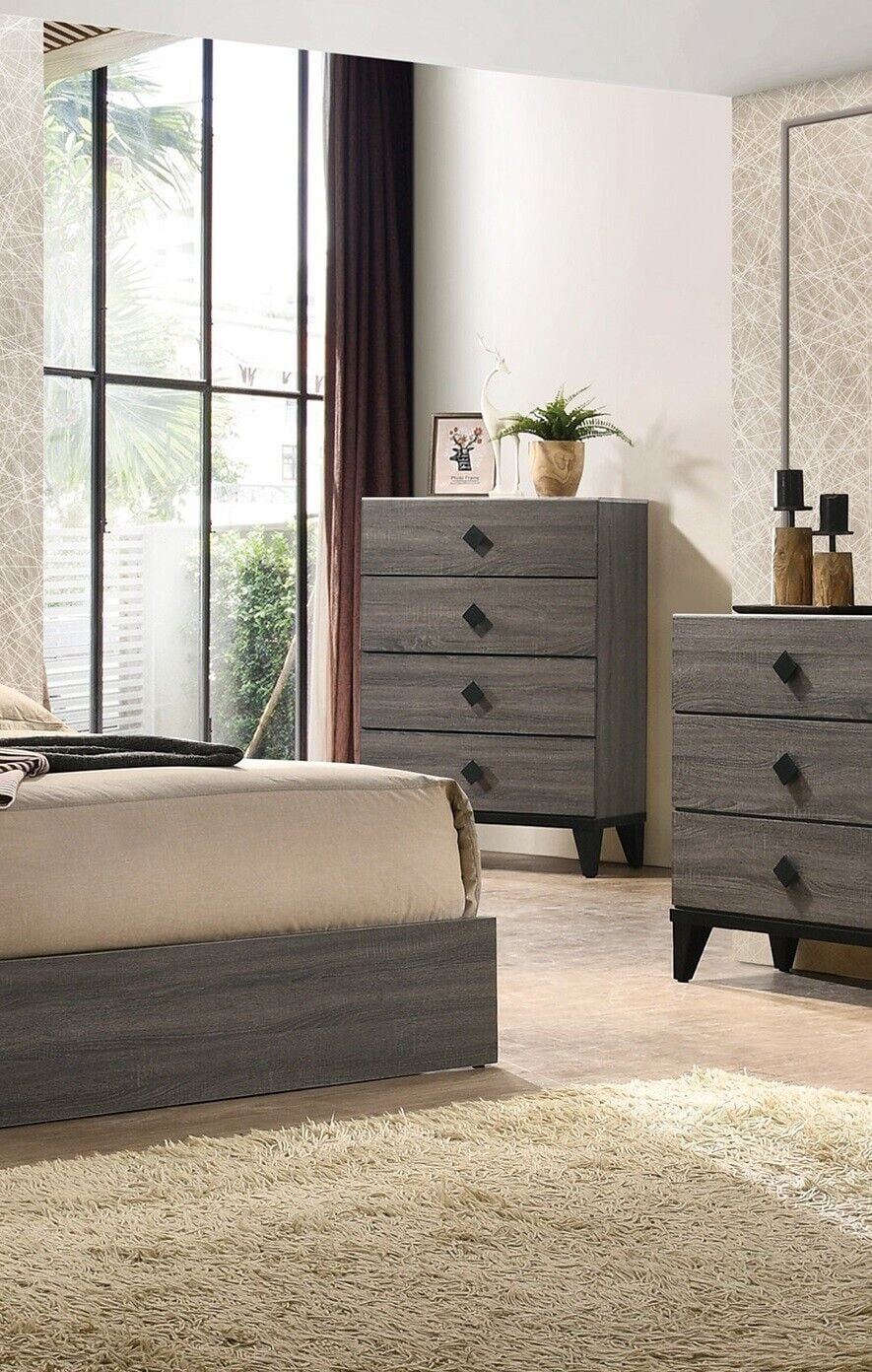 6pc Bedroom Eastern King Size Bed Set Transitional Style Dresser Mirror Nightstands Chest Wooden Furniture Grey Color