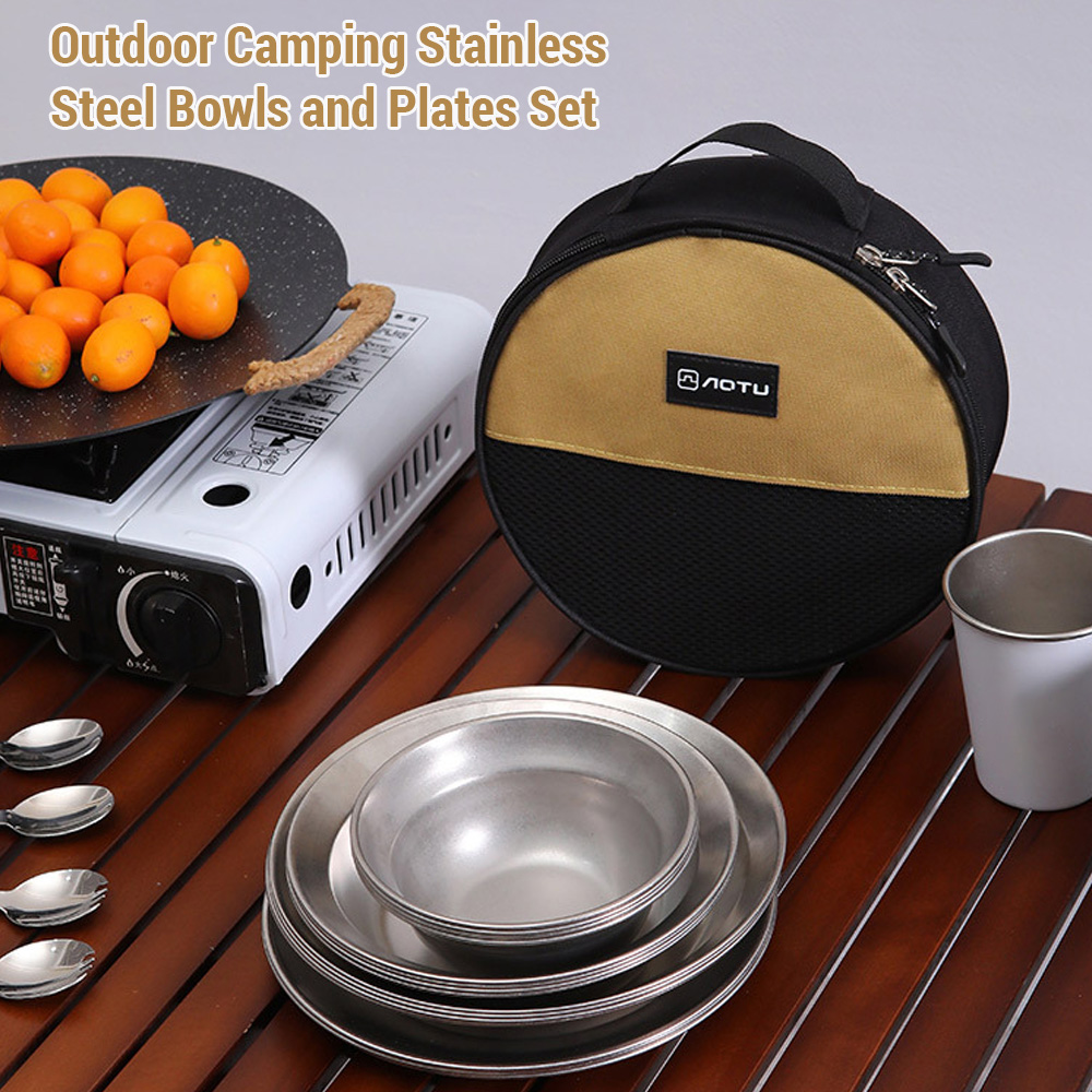 AOTU Camping Tableware Sets Stainless Steel Plates and Bowls for Hiking 8pcs