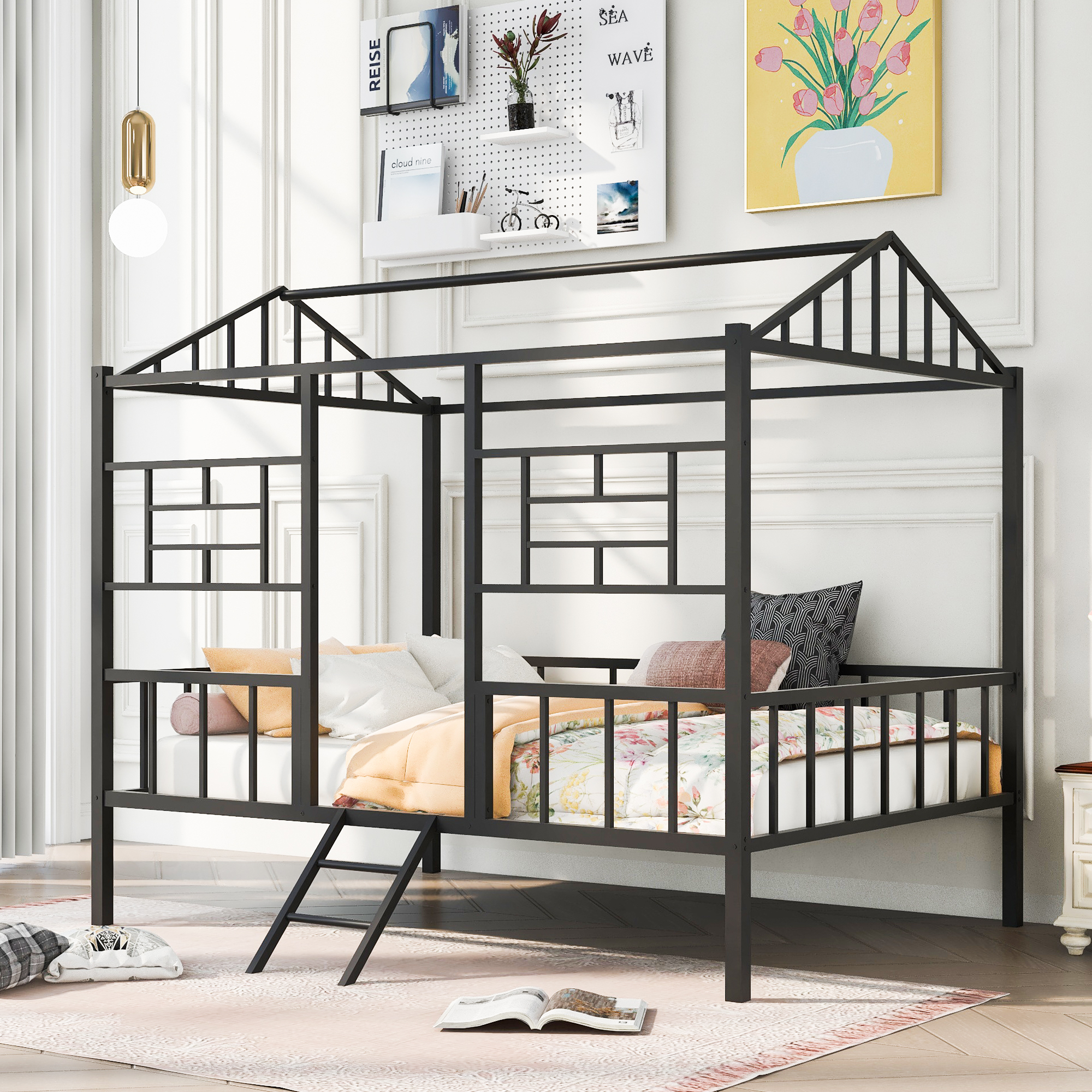 Dawn Whisper Metal House Bed Frame Full Size with Slatted Support, Black