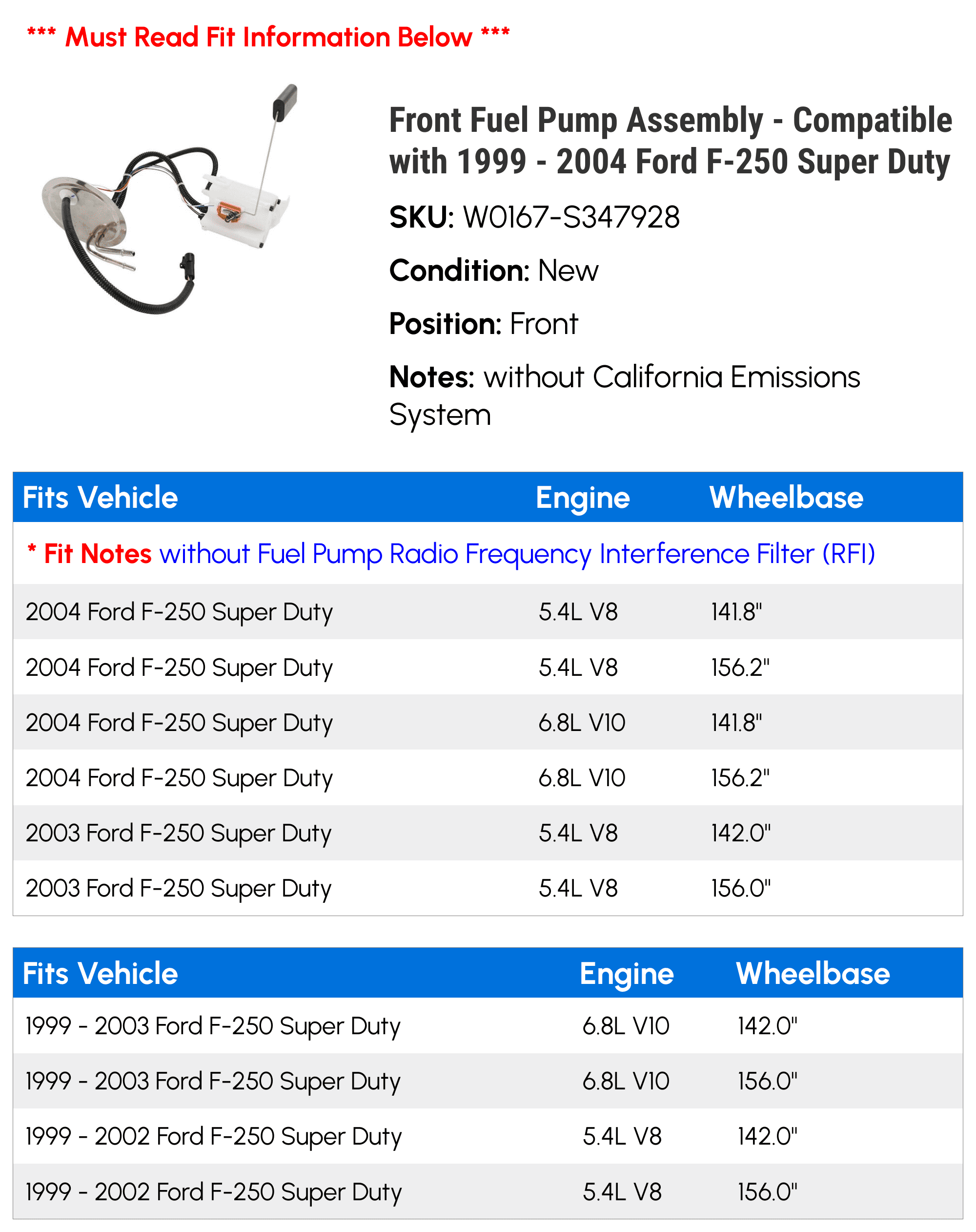 Front Fuel Pump Assembly - Compatible with 1999 - 2004 Ford F-250 Super Duty 2000 2001 2002 2003