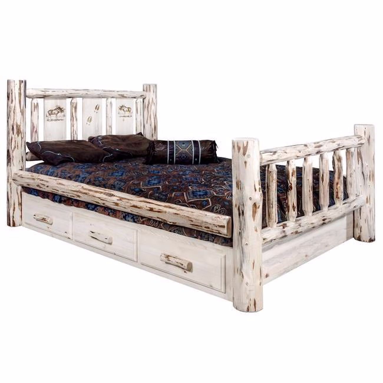 Montana Woodworks Wood Twin Storage Bed with Laser Engraved Moose in Natural
