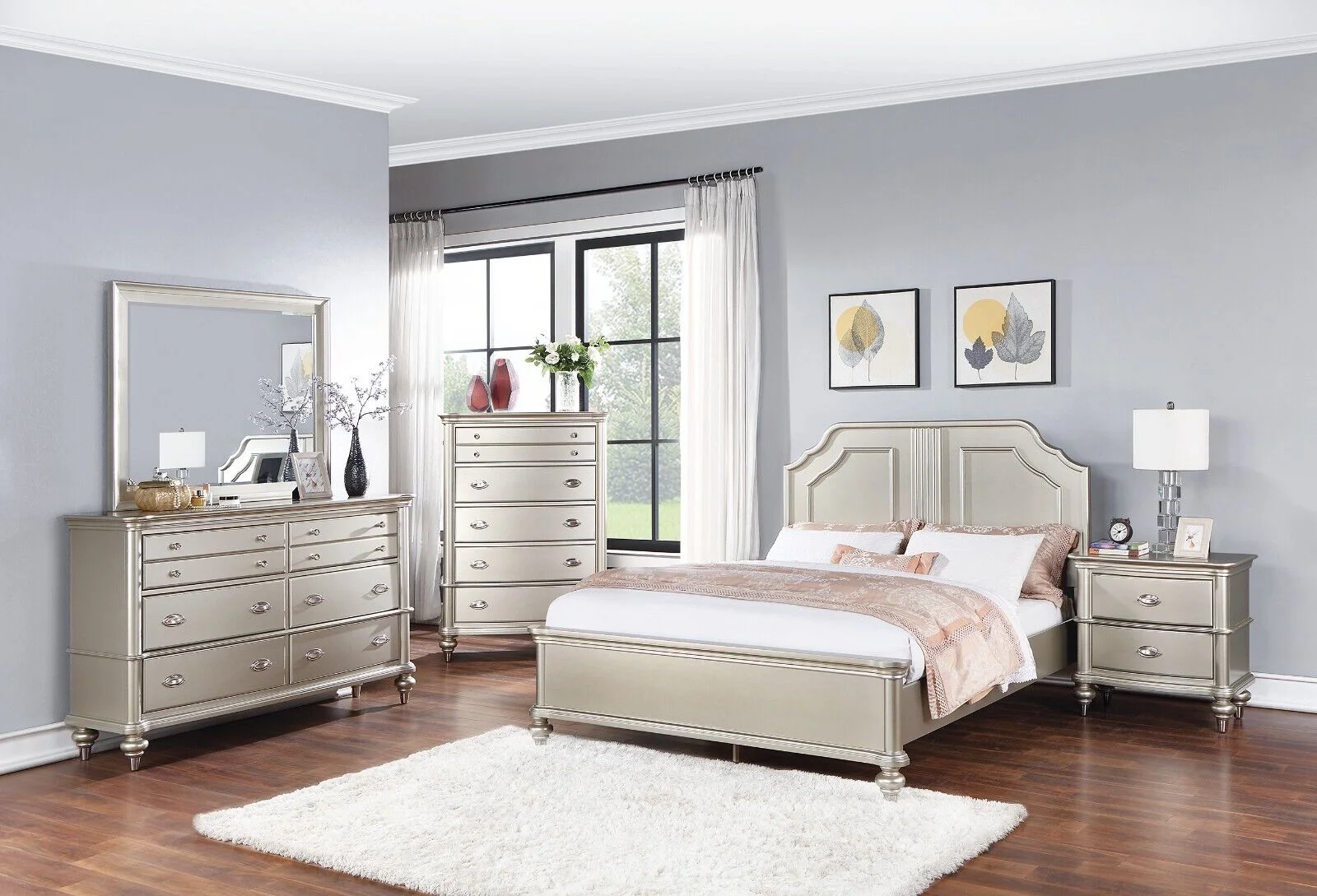 Bedroom 6pc Queen Size Bed Set Silver Finish Dresser Mirror Nightstands Chest Furniture Classic Elegant