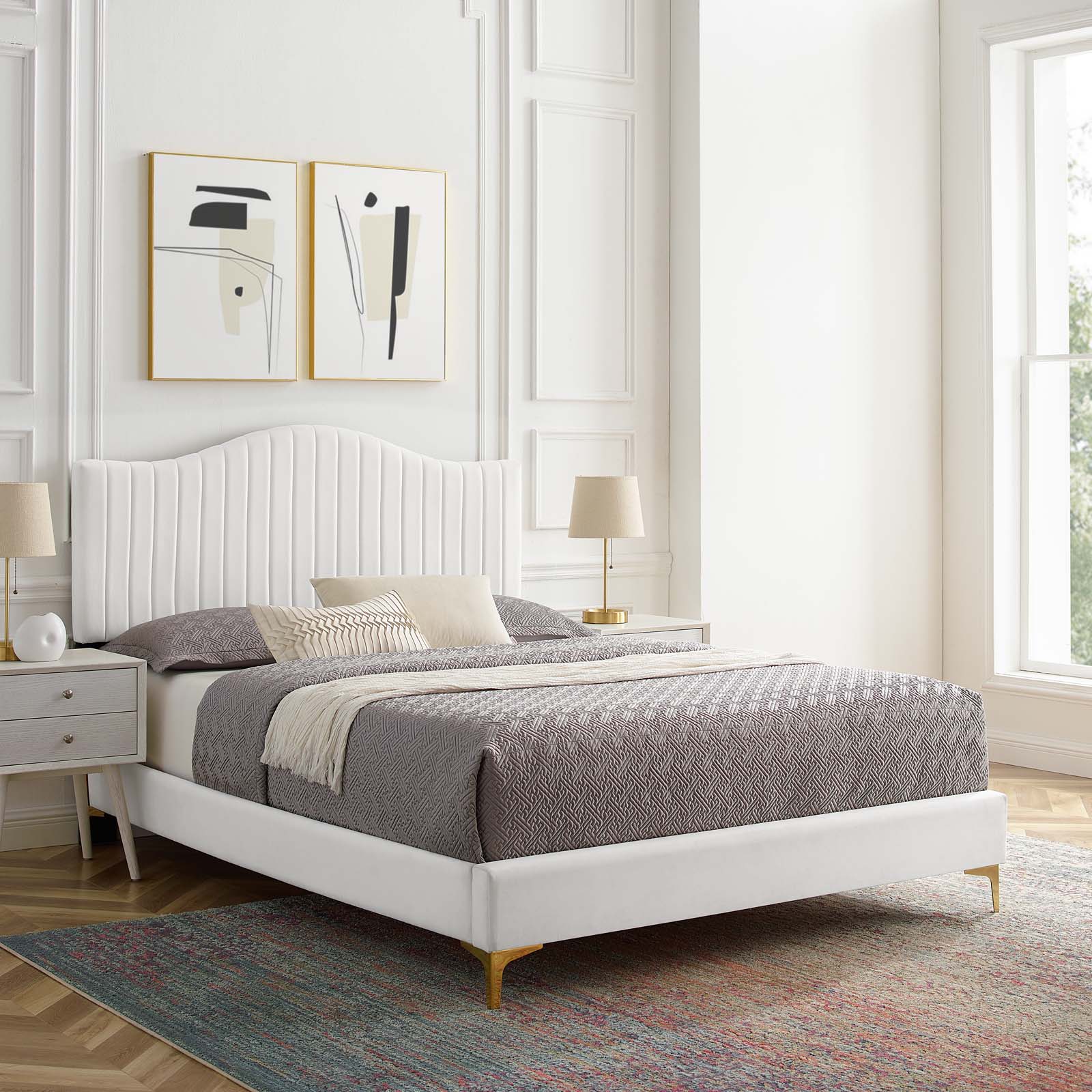 Tufted Platform Bed Frame, Queen Size, Velvet, White, Modern Contemporary Urban Design, Bedroom Master Guest Suite
