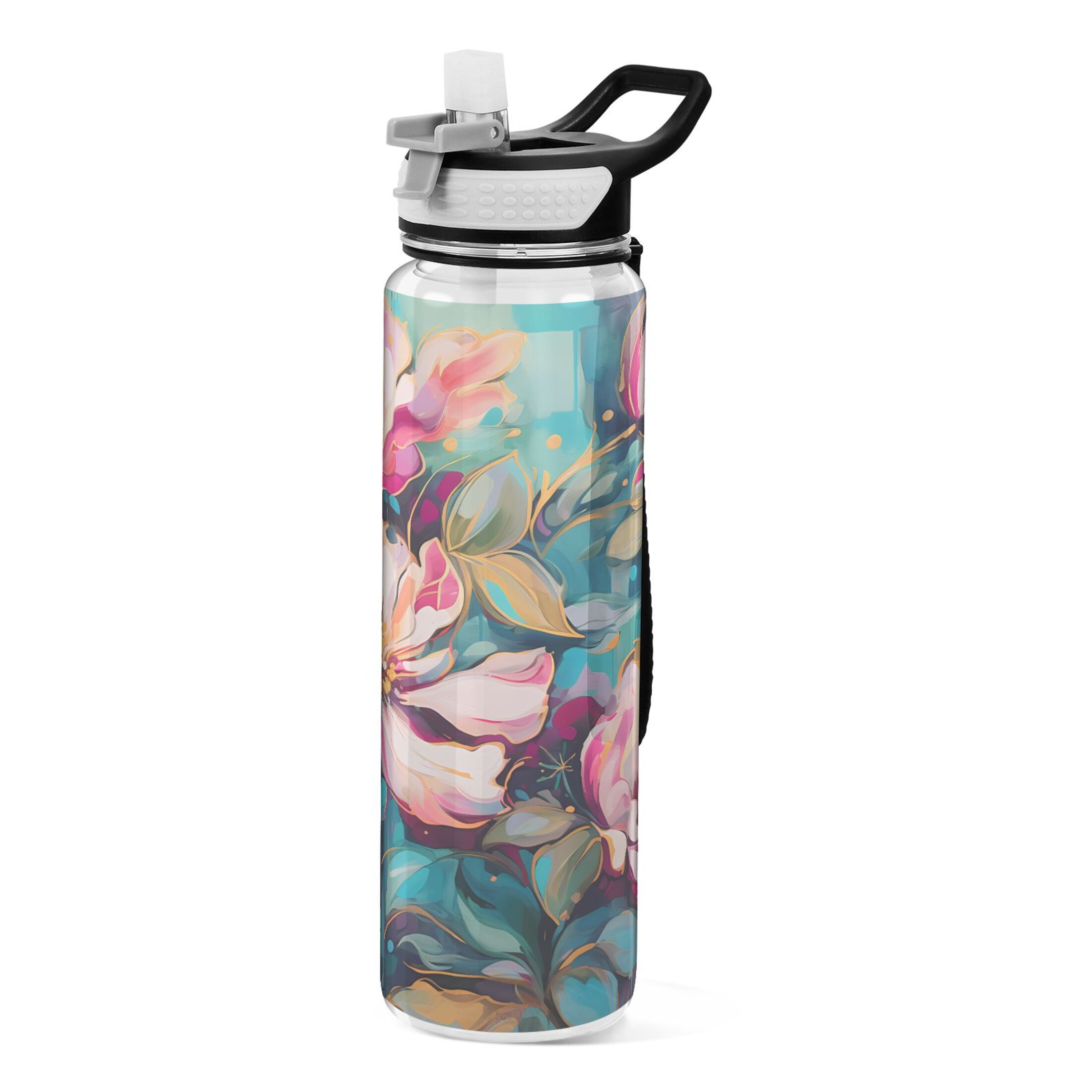 Pink Flowers in Blue 32oz Water Bottles with Straw Tritan Leakproof Sports Bottle BPA Free Clear for Fitness Gym Swimming Cycling
