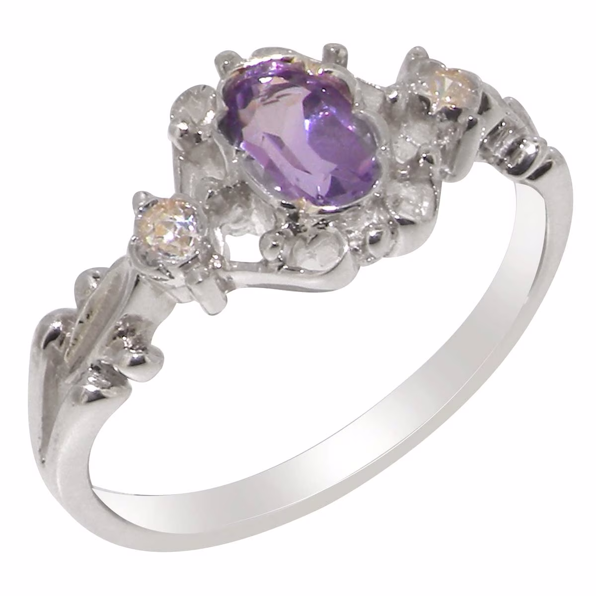 LBG British Made 18k White Gold Natural Amethyst & Cubic Zirconia Womens Anniversary Ring - 33 size options - Size 10