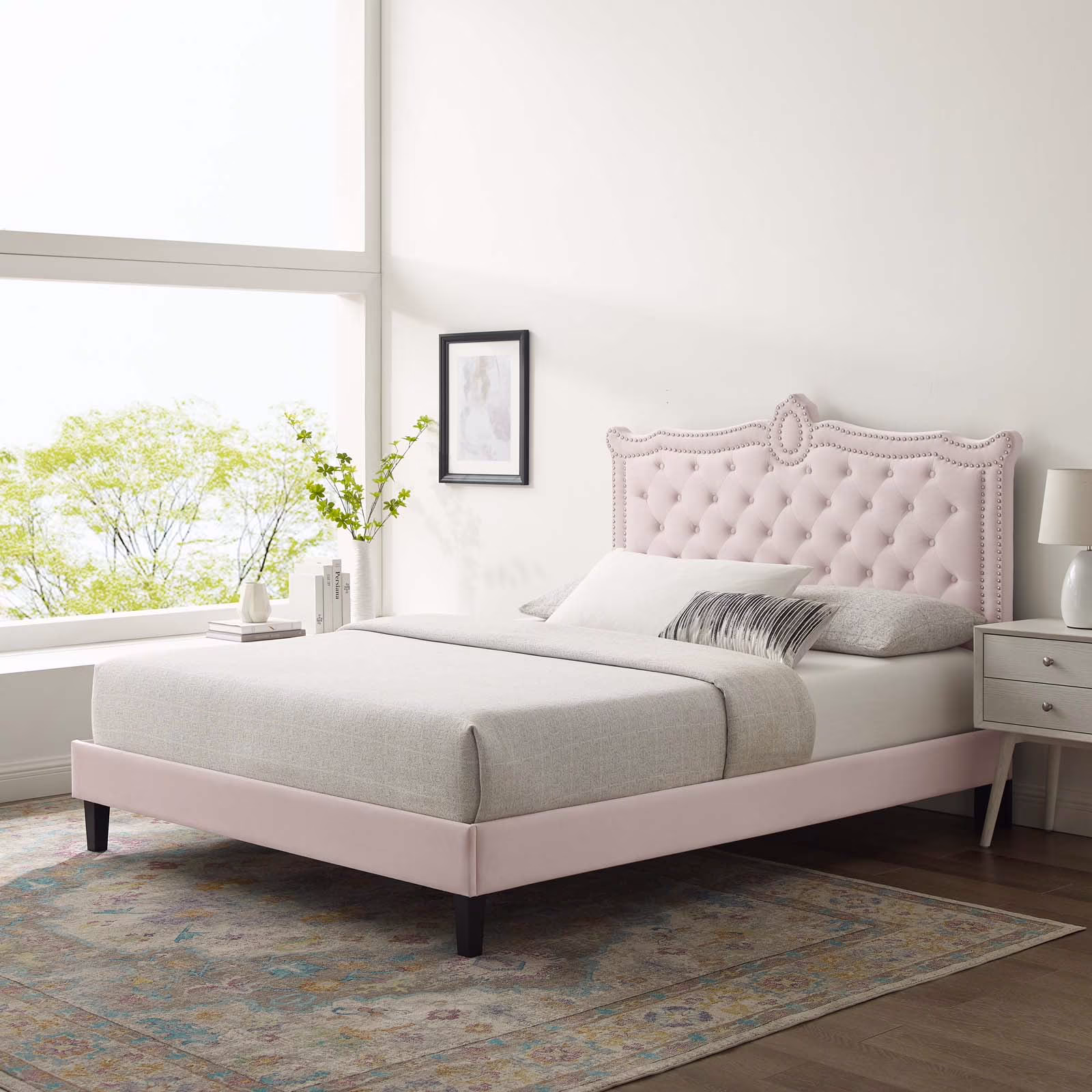 Modway Clara Performance Velvet Queen Platform Bed in Pink