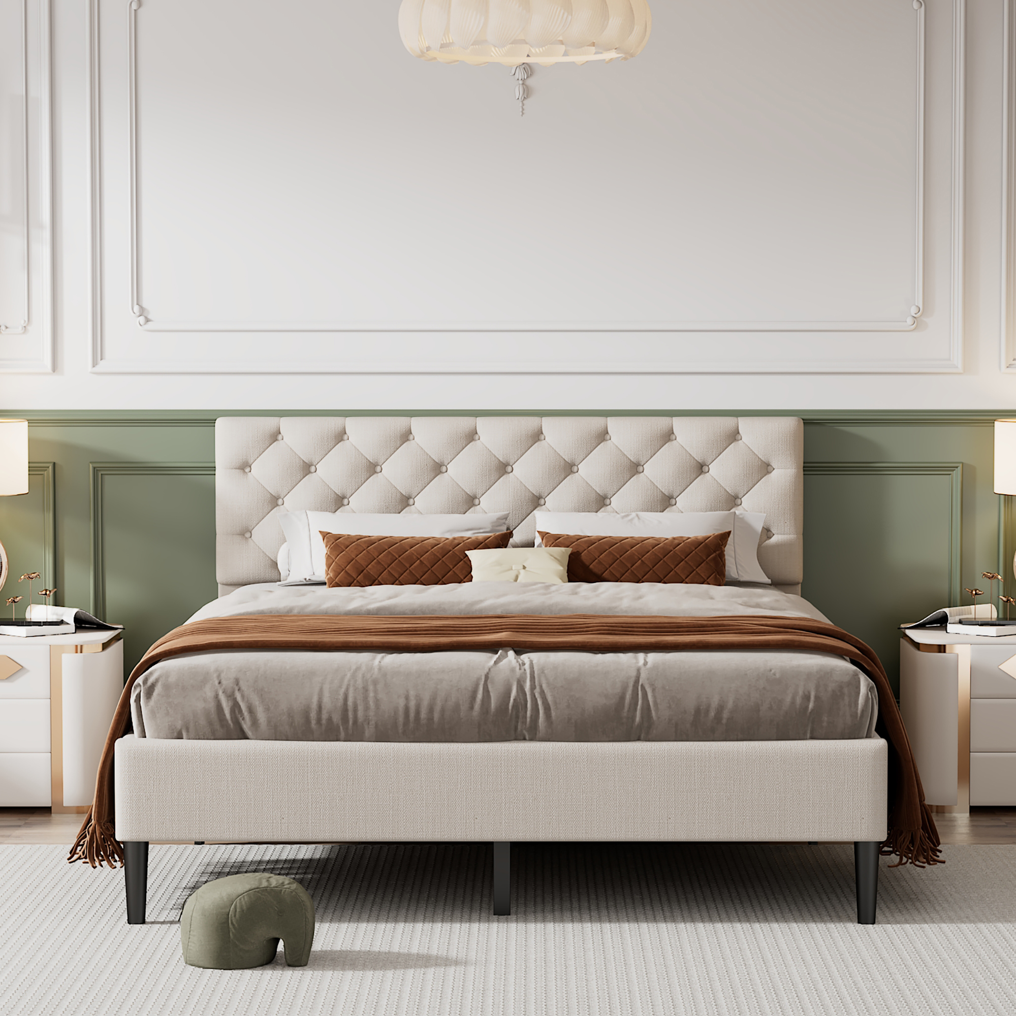 Dawn Whisper Upholstered Linen Platform Bed, Queen Size, Beige