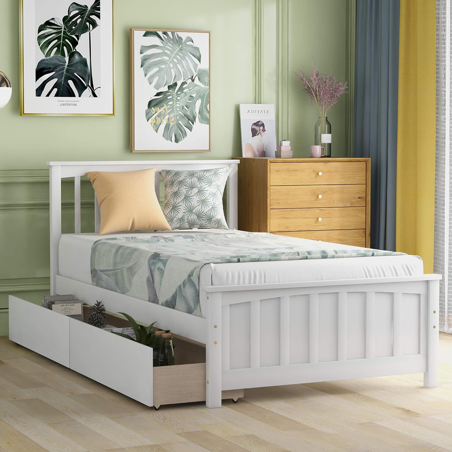 Size Bed With 2 Storage Drawers, Wood Platform Bed With Headboard & Footboard, Bed With Storage For Kids Girls Boys, o Box Sprig eeded,White