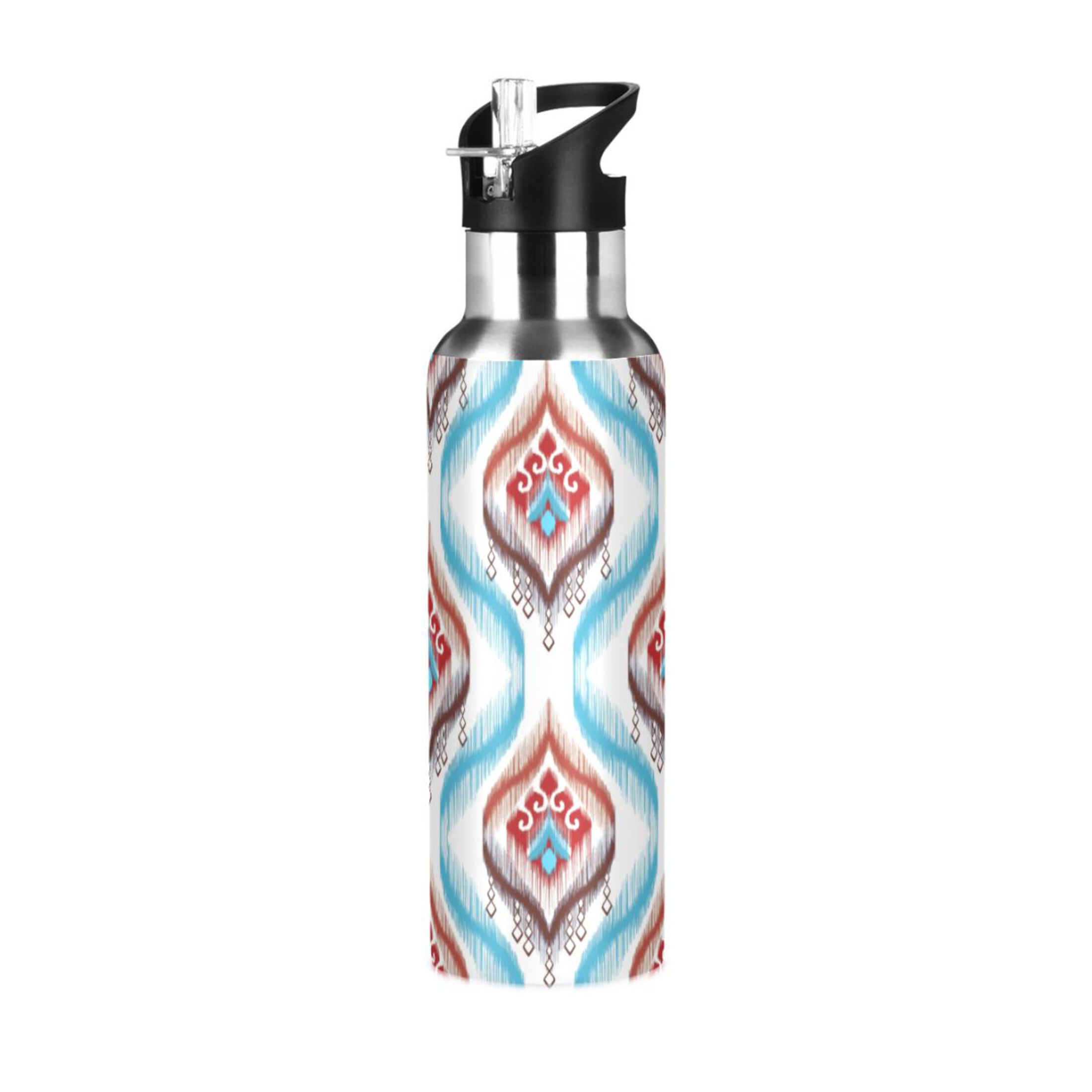 Tribal India Ethnic Mandala Blue Water Bottles Insulated Thermos Kids Stainless Steel Bottle with Straw Lid Flask Leakproof for Sports Gym 20 oz