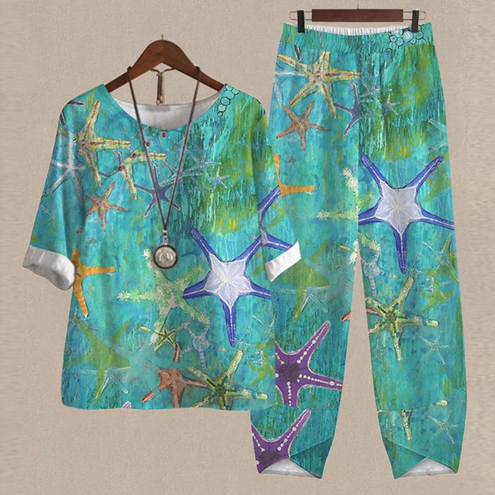 PMUYBHF Birthday Outfits for Women Winter Petite Ladies Five Sleeve Printed Blouse Pants Two Piece Suit Graduation Outfit for Women Summer Two Piece Outfit Women