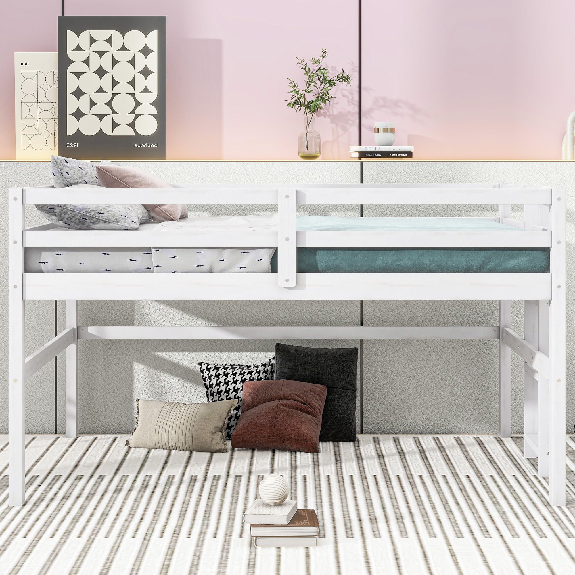 Twin Size Low Loft Bed with Side Ladder, Sturdy Wooden Loftbed Frame with Ladder & Safety Guardrail for Teens Bedroom, Space Saving Design